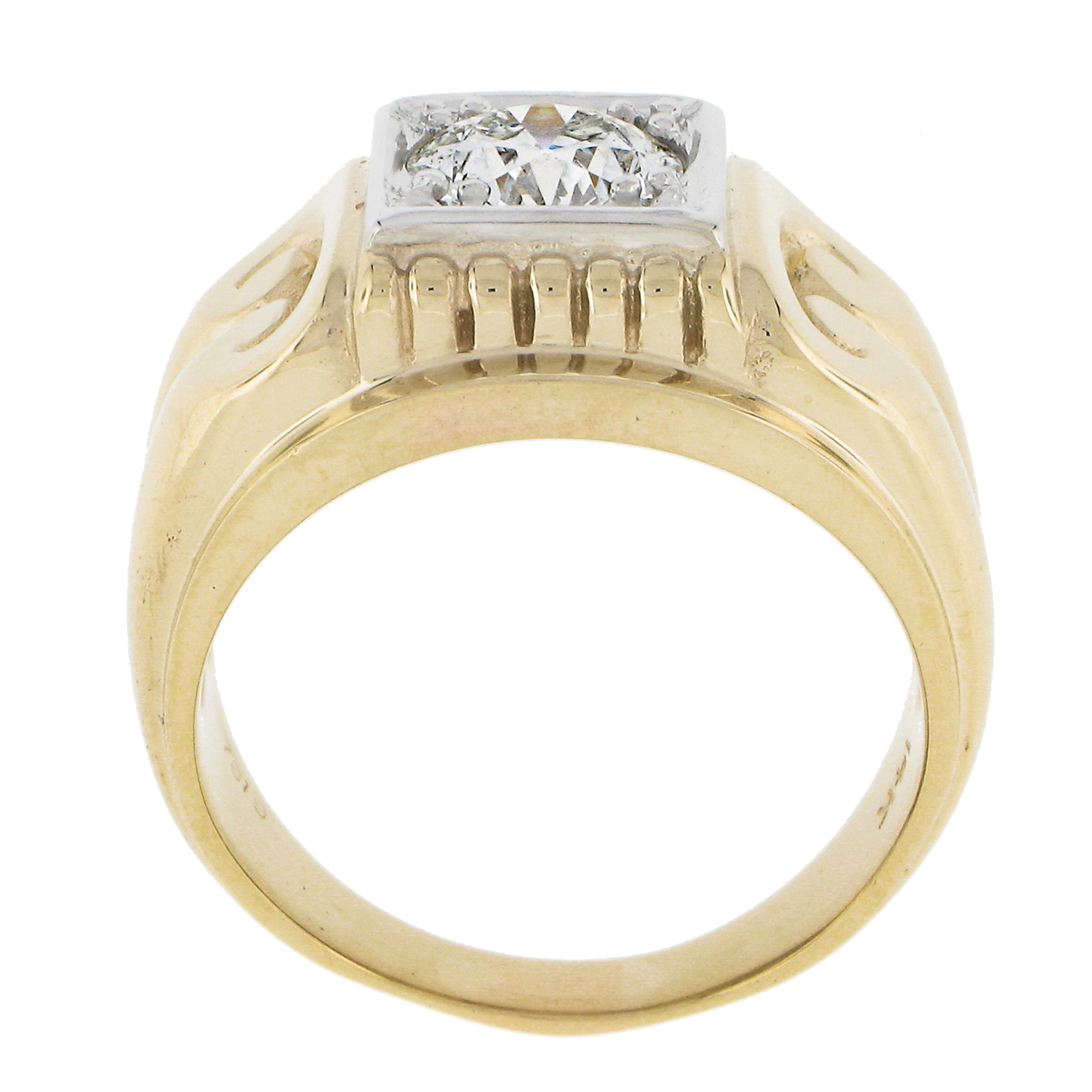 Vintage Men's 14k Gold Gia 1.55ctw Old Diamond Solitaire Column Sides Ring For Sale 3