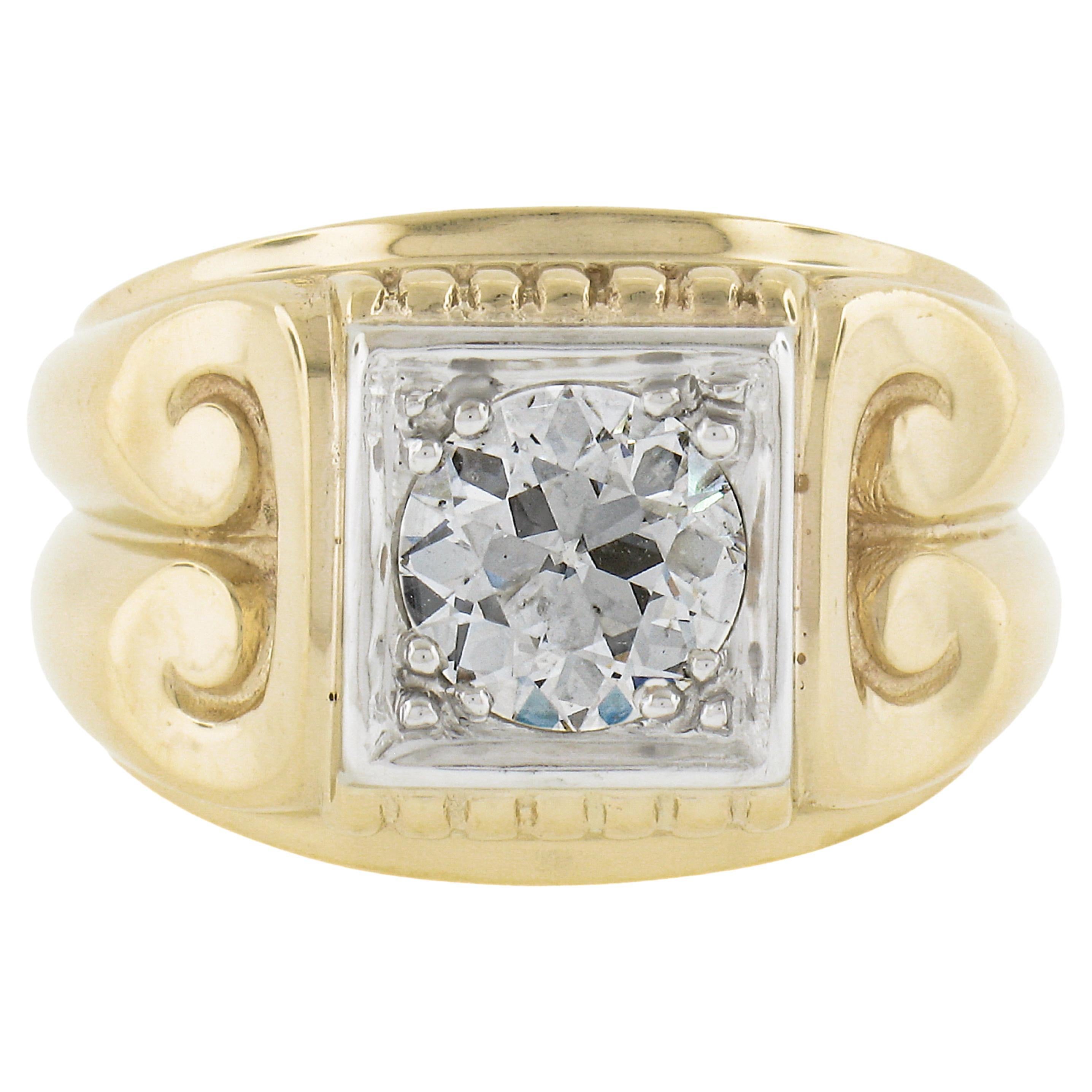 Bague homme vintage en or 14k GIA 1.55ctw Old Diamond Solitaire Column Sides en vente