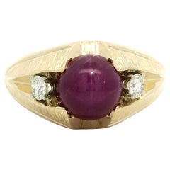 Vintage Men's 14k Gold Linde Star Ruby & Diamond Bark Textured Ring