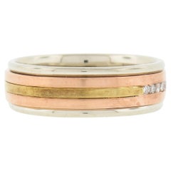 Vintage Mens 14k Multi Tone Gold 0.10ctw Channel Set Diamond Grooved Band Ring