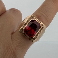 Vintage Men’s 14K Rose Gold Lab Created Rectangle Ruby Signet Ring Heavy 25.95g