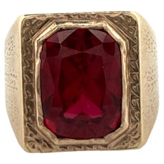 Vintage Men’s 14K Rose Gold Lab Created Rectangle Ruby Signet Ring Heavy 25.95g