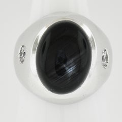 Vintage Men's 14k White Gold Black Star Sapphire & Diamond Wide Large Heavy Ring