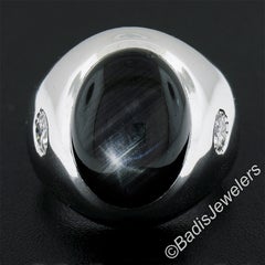 Vintage Men's 14k White Gold Black Star Sapphire & Diamond Wide Large Heavy Ring