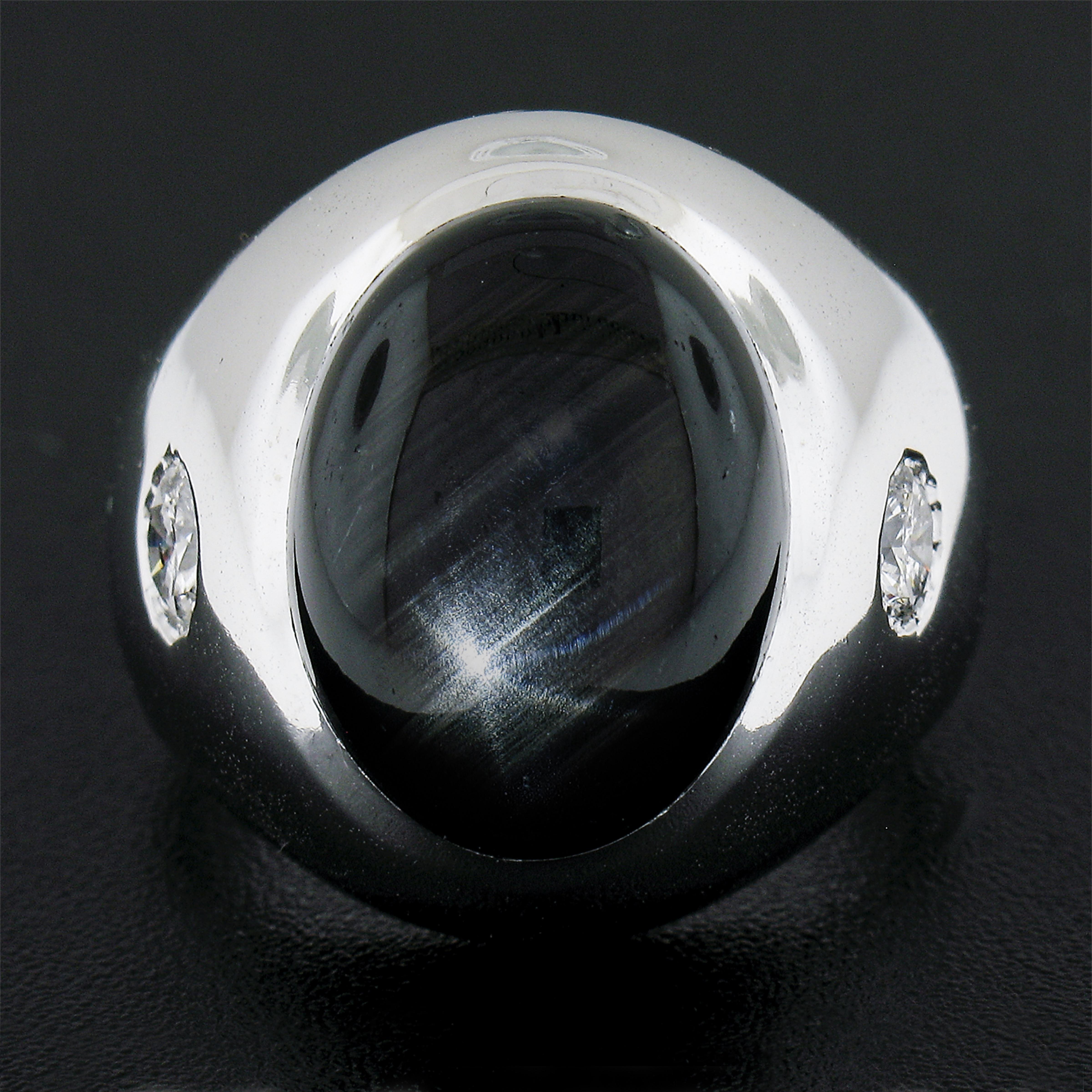 Cabochon Vintage Men's 14k White Gold Black Star Sapphire & Diamond Wide Large Heavy Ring For Sale