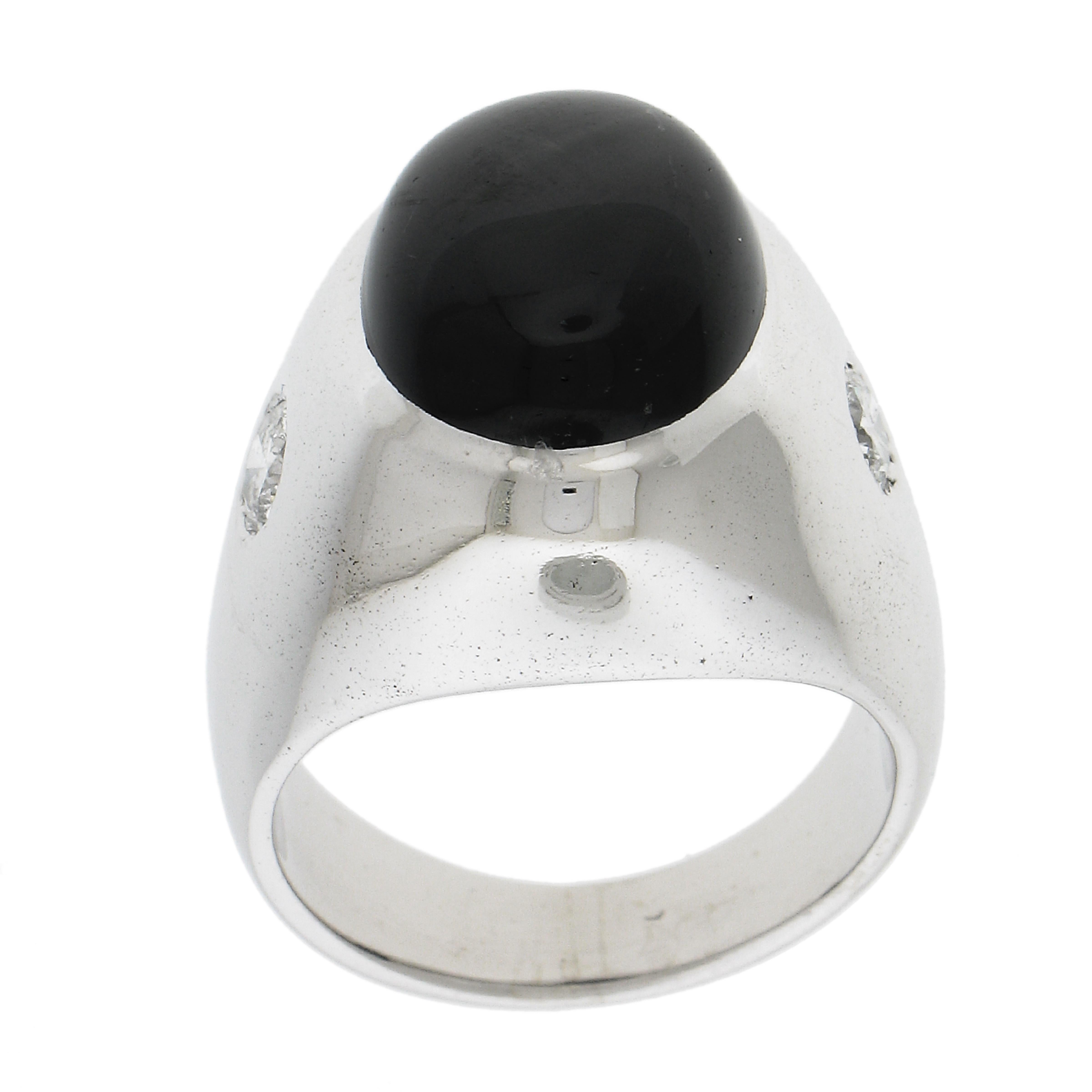 Vintage Men's 14k White Gold Black Star Sapphire & Diamond Wide Large Heavy Ring For Sale 4