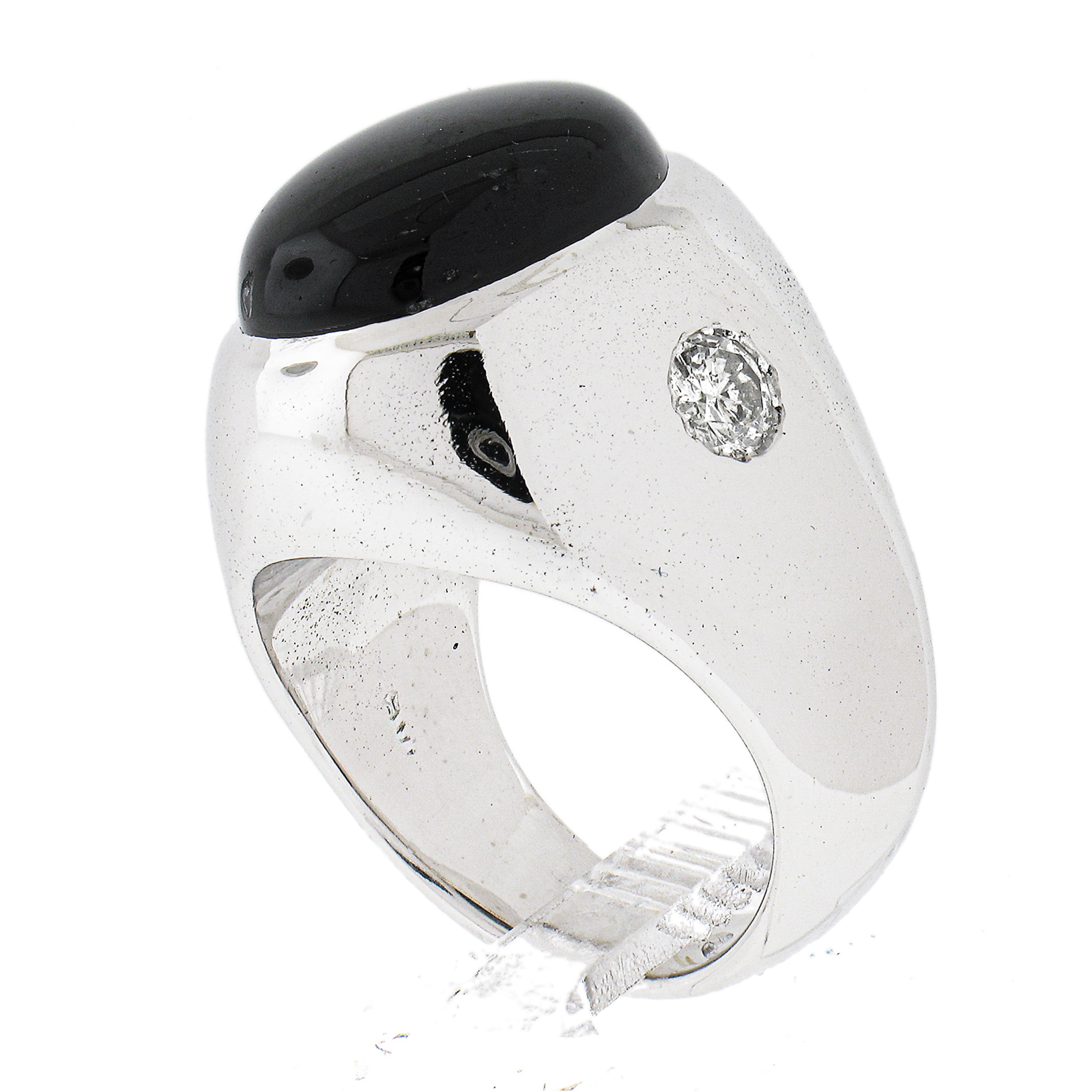 Vintage Men's 14k White Gold Black Star Sapphire & Diamond Wide Large Heavy Ring For Sale 5