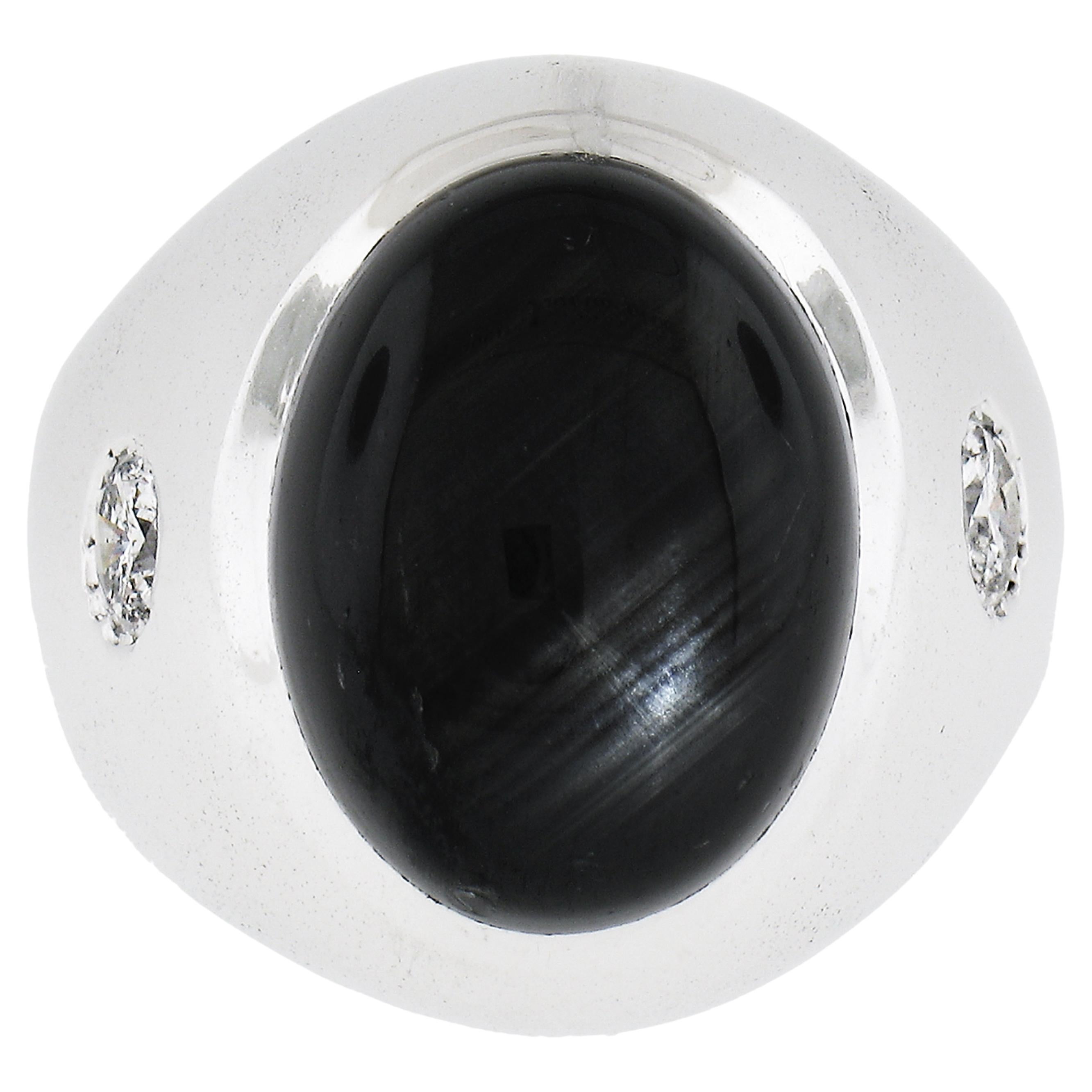 Vintage Men's 14k White Gold Black Star Sapphire & Diamond Wide Large Heavy Ring