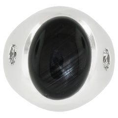 Vintage Men's 14k White Gold Black Star Sapphire & Diamond Wide Large Heavy Ring