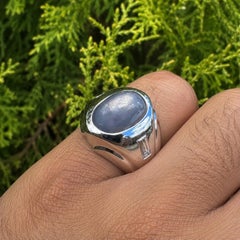 Vintage Men's 14k White Gold Oval Blue Star Sapphire w/ Baguette Diamond Ring