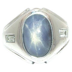 Vintage Men's 14k White Gold Oval Blue Star Sapphire w/ Baguette Diamond Ring