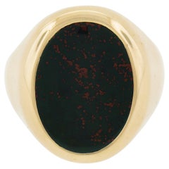 Vintage Men's 14K Yellow Gold Oval Cut Bezel Set Blood Stone Solitaire Ring