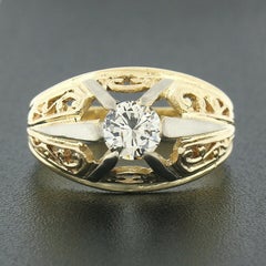 Vintage Men's 18K TT Gold Old Cut Diamond Solitaire Dual Finish Open Work Ring