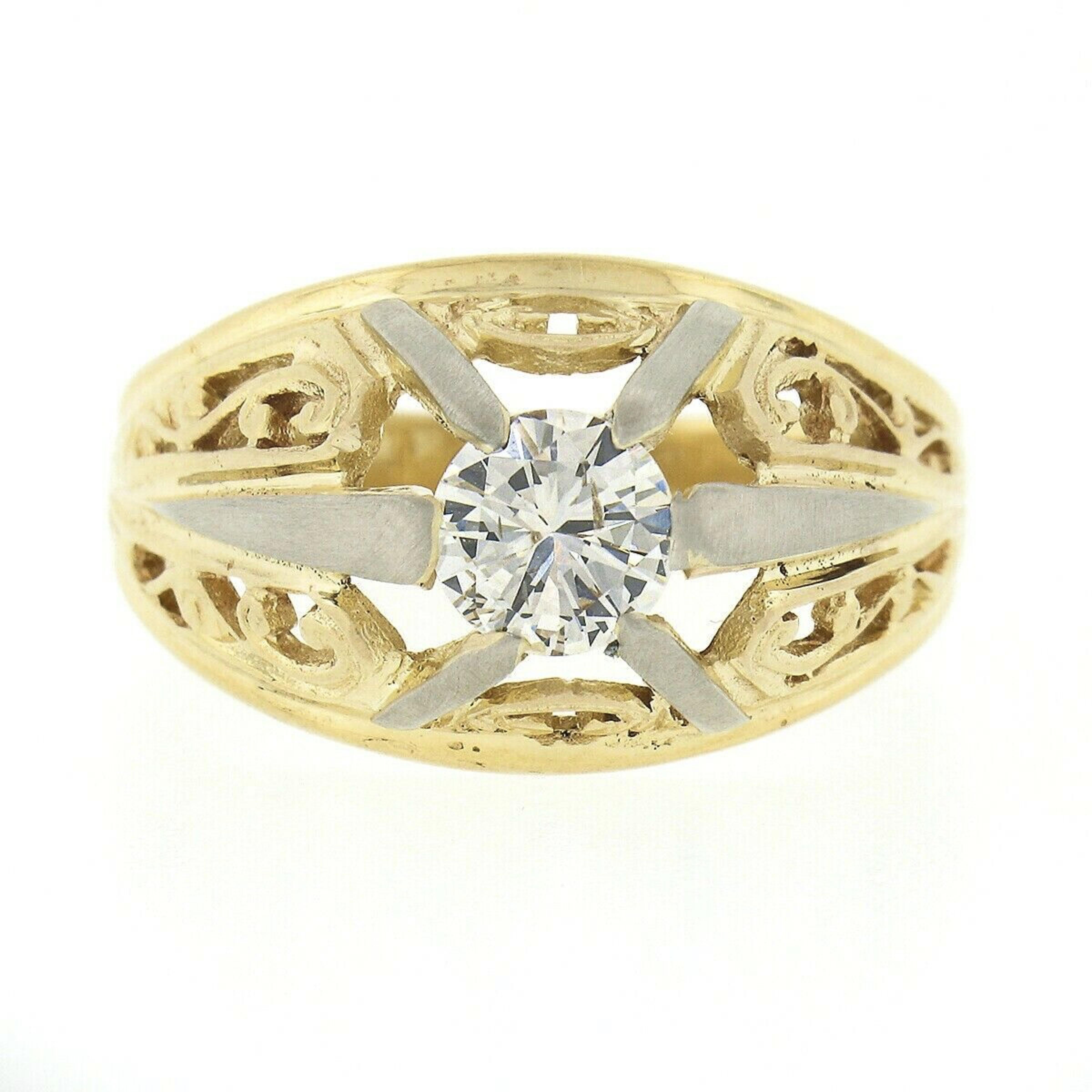 Vintage Men's 18K TT Gold Old Cut Diamond Solitaire Dual Finish Open Work Ring In Good Condition In Montclair, NJ