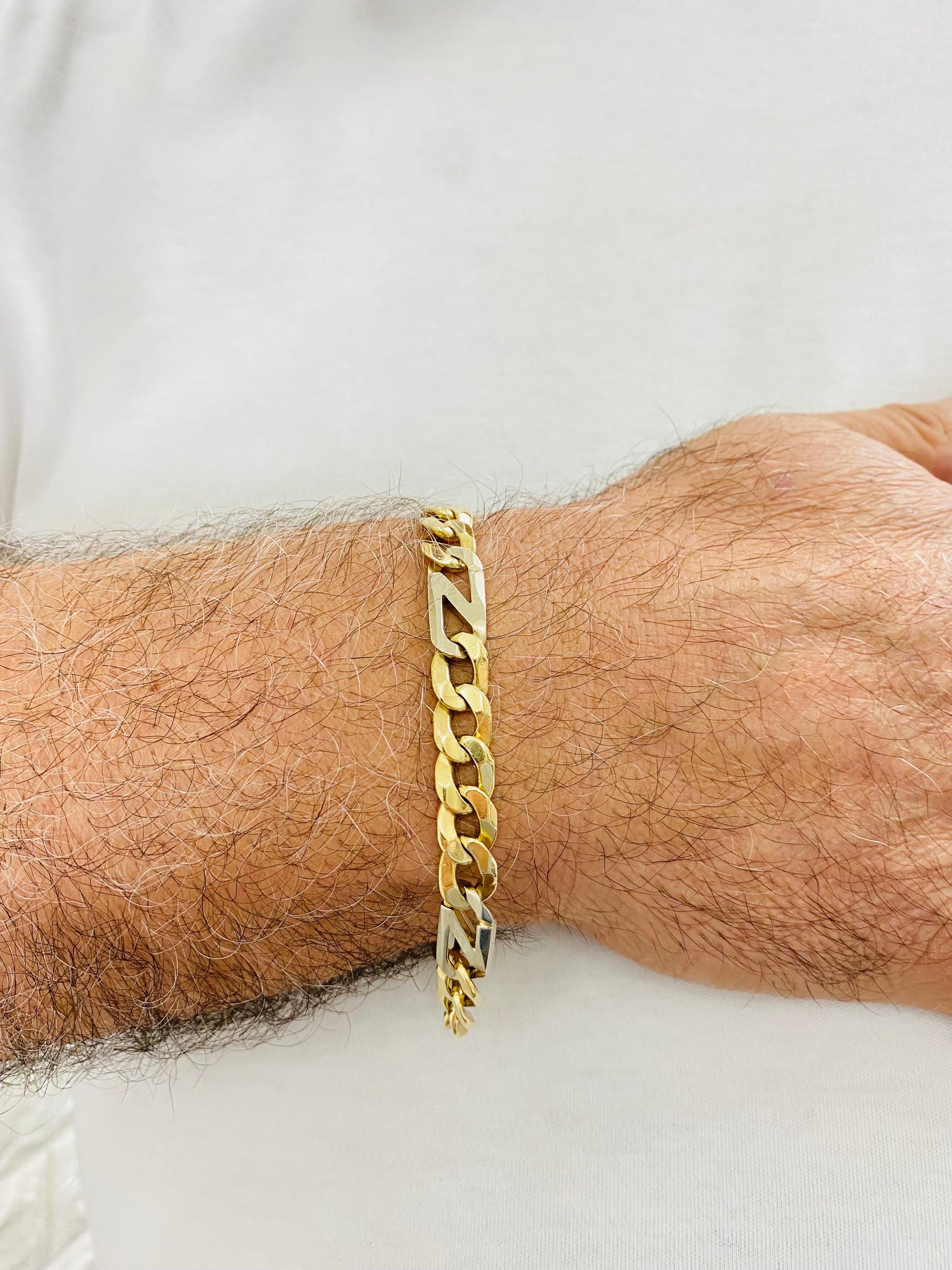 Vintage Hommes Deux-Tons Bracelet à Maillons Fantaisie Cubains Italie 14k en vente 1