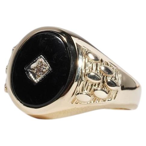 Vintage Mens Black Onyx Diamond Inlay Oval Signet Ring 9ct Yellow Gold V / 10.5