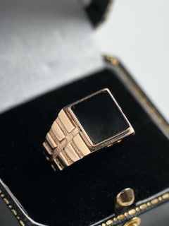 Bague cachet vintage pour homme, en onyx noir, de forme carrée, sertie dans une monture en or 9 carats, style rétro « brique », taille S / 9