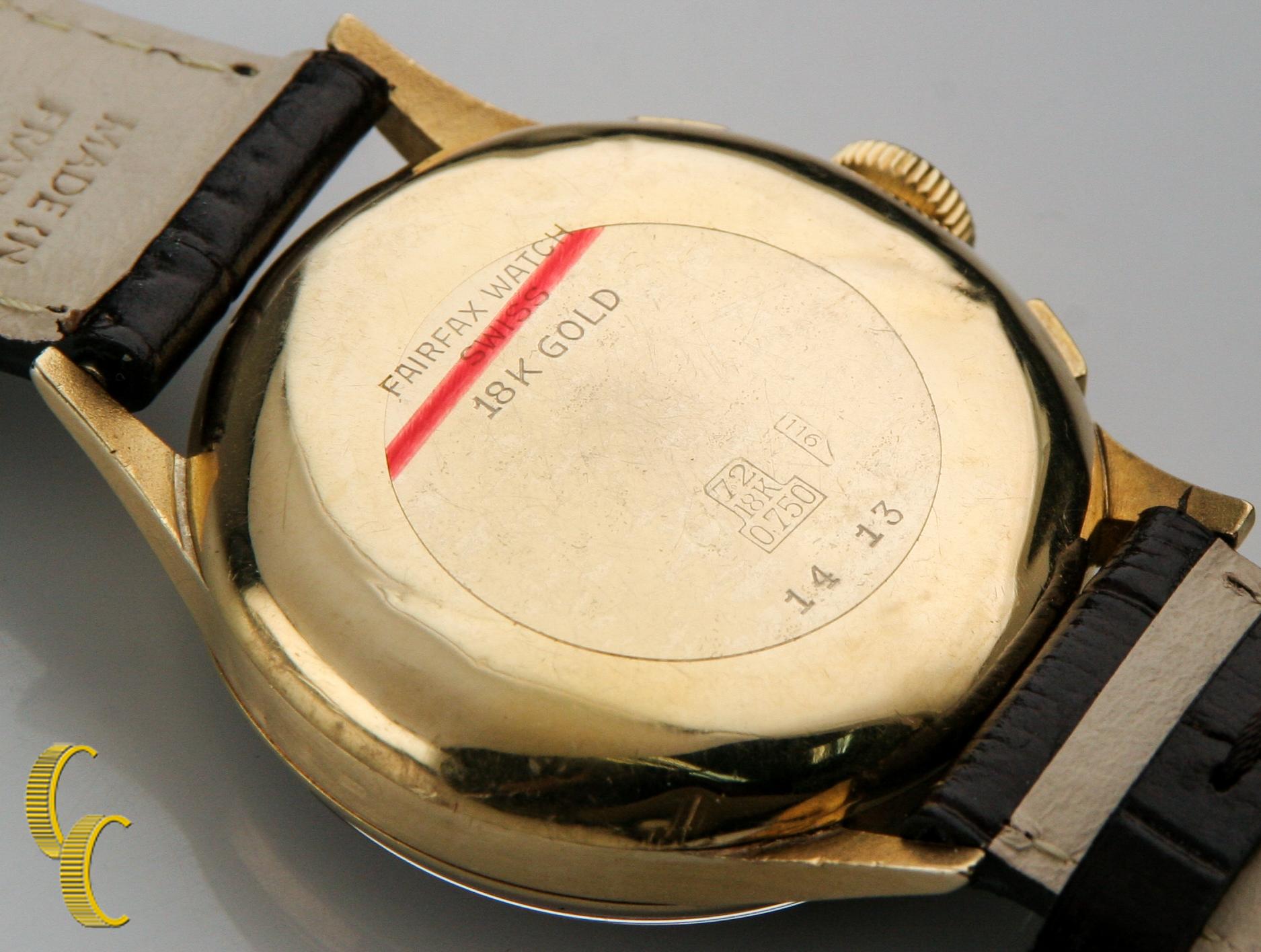 Modern Vintage Men's Chronograph Fairfax 18k Yellow Gold Case w/Sub Dials & Tachymeter For Sale