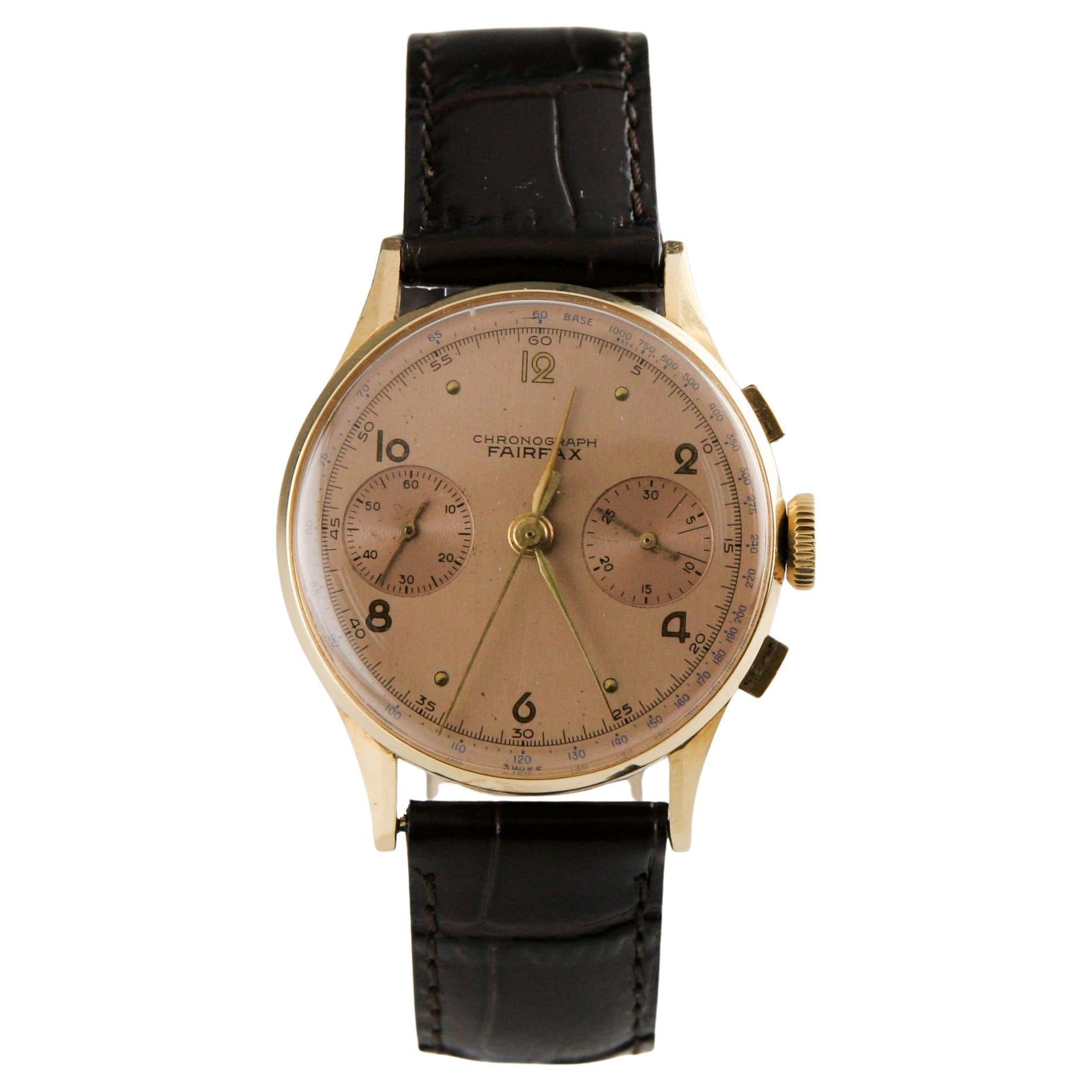 Montre-bracelet chronographe pour homme Fairfax vintage en or jaune 18 carats avec cadrans secondaires et tachymètre