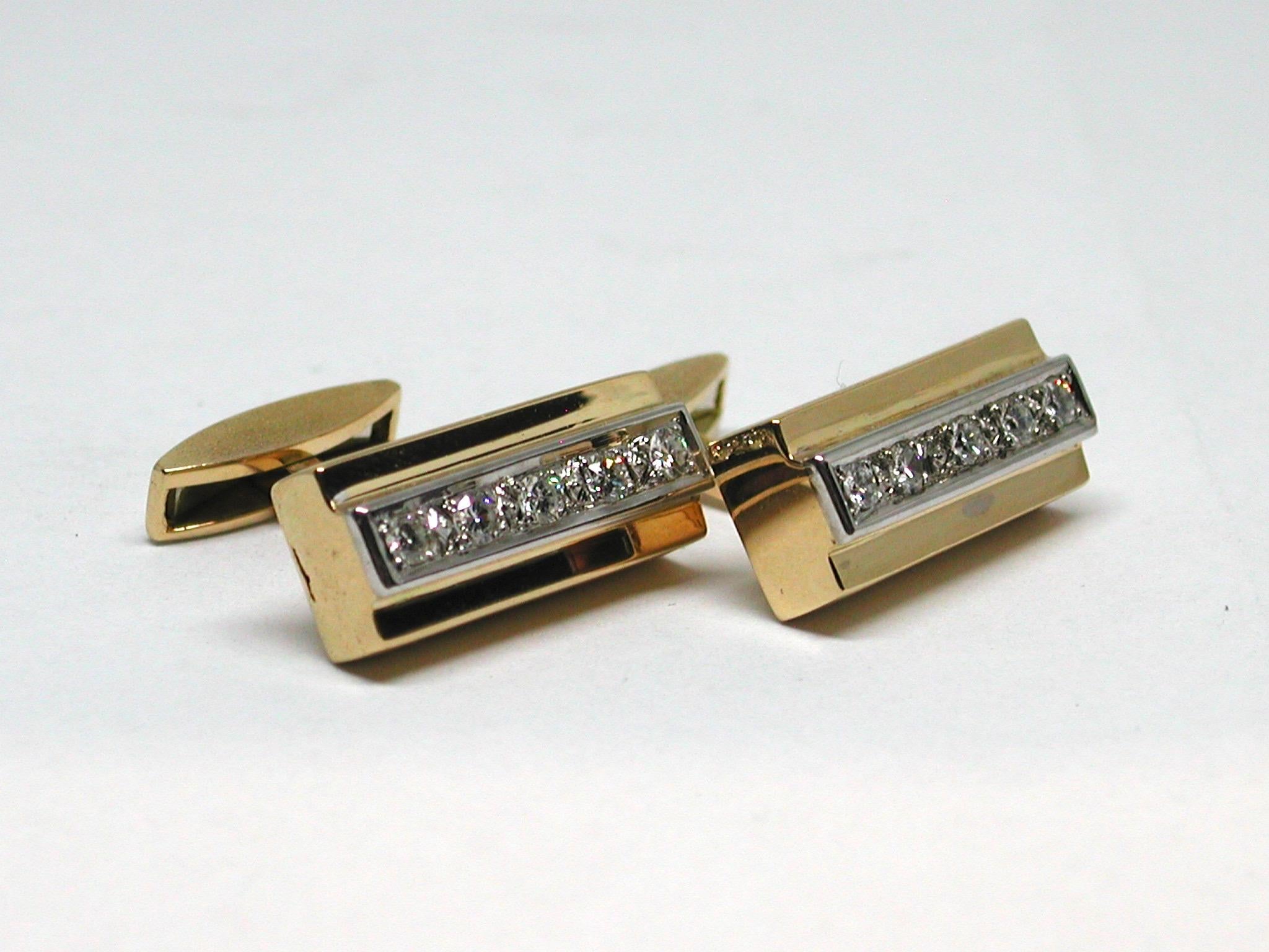 Gold: 18 K Yellow & White gold 
weight: 21,07 grams. 
Diamond: 1,00 ct. colour: G clarity: VS 
Length: 1,0 cm. 
Width: 2,2 cm. 
All our jewellery comes with a certificate appraisal and 5 years guarantee  
Please take a look at my other pieces of