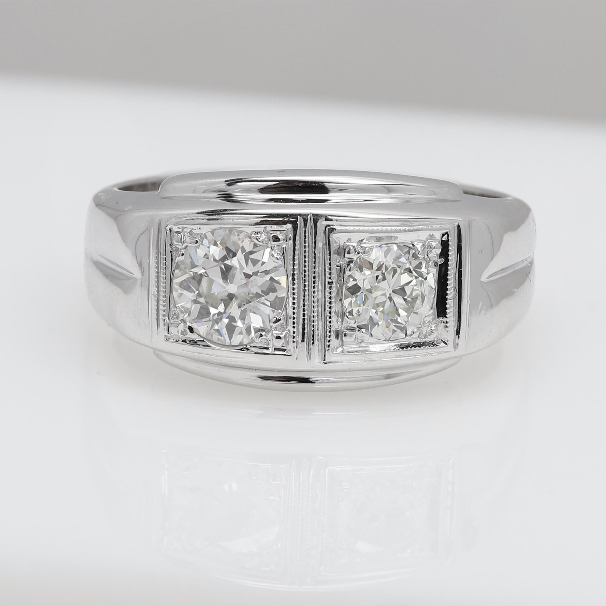 Vintage Mens Diamond Ring 2 old mine cut Diamonds 14 Karat White Gold In Good Condition In Brooklyn, NY