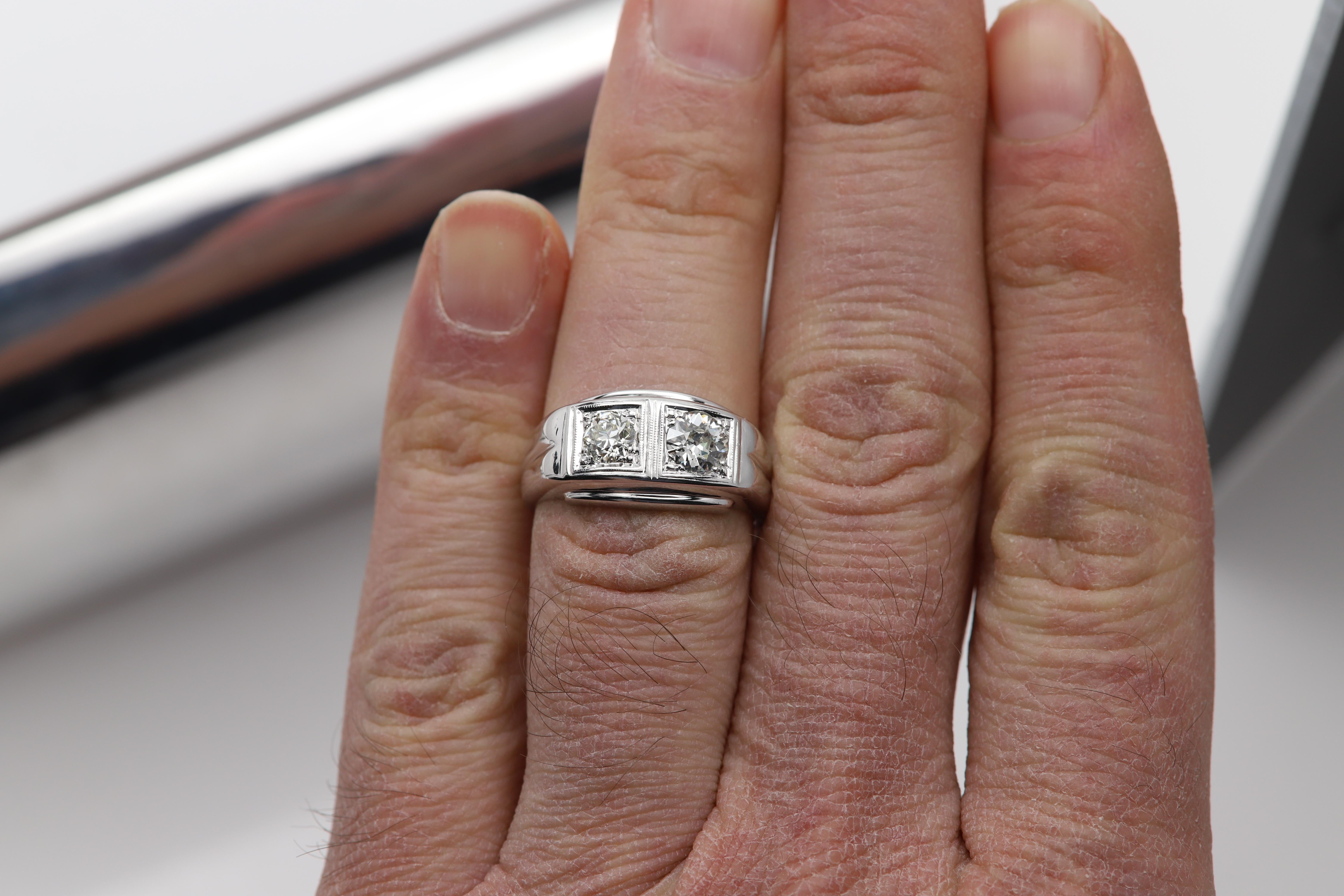 Vintage Mens Diamond Ring 2 old mine cut Diamonds 14 Karat White Gold 1