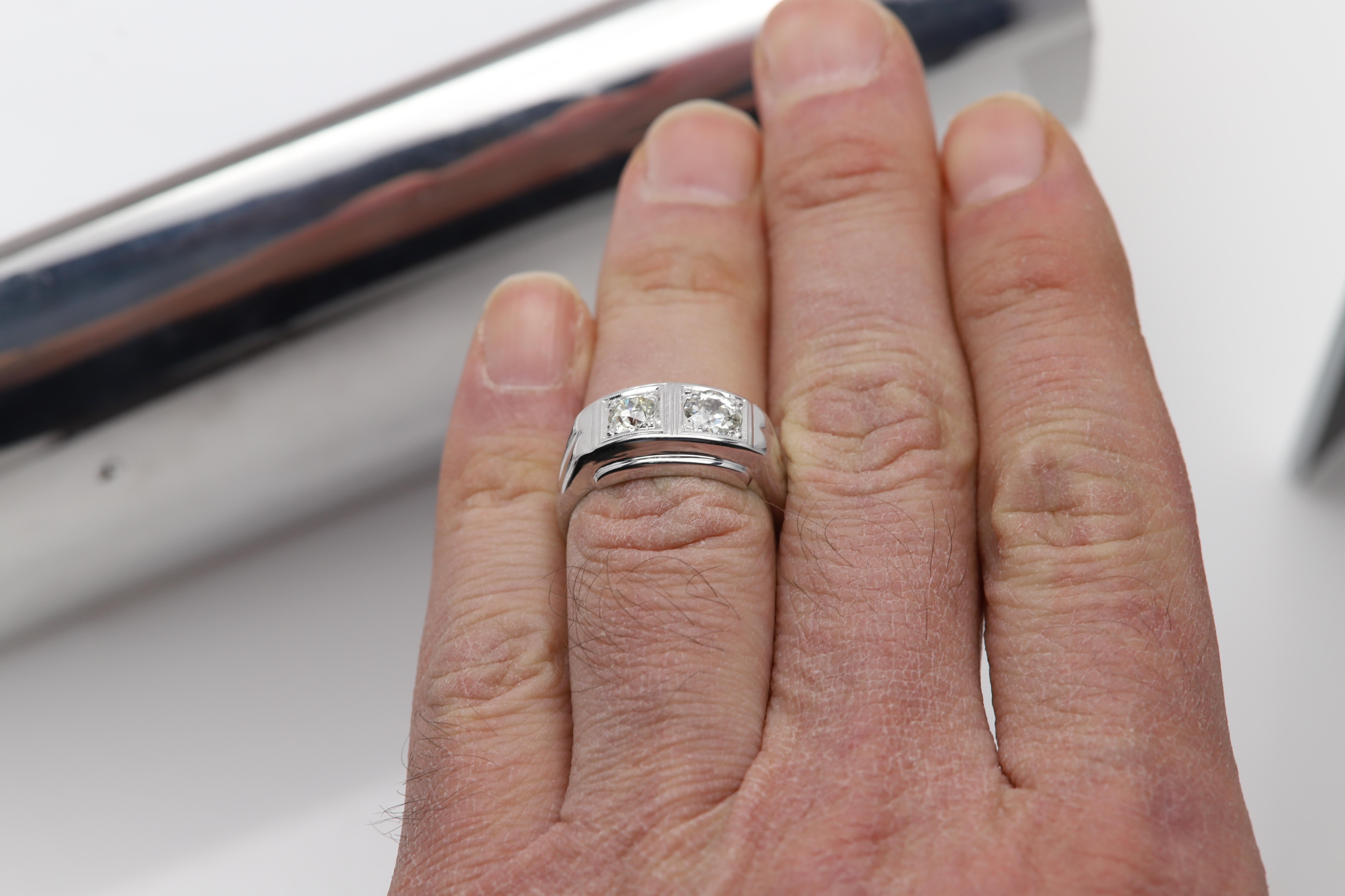 Vintage Mens Diamond Ring 2 old mine cut Diamonds 14 Karat White Gold 3