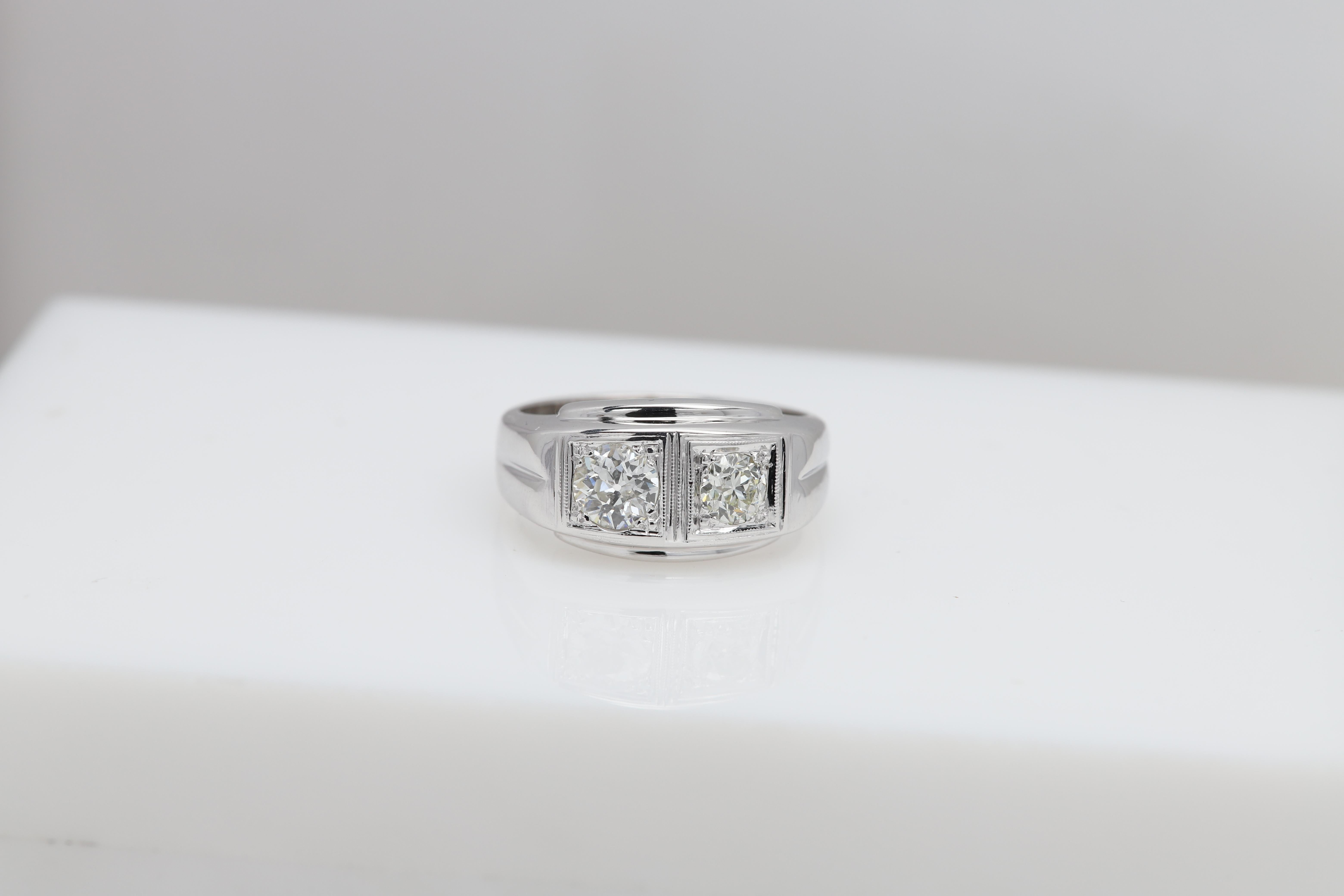 Vintage Mens Diamond Ring 2 old mine cut Diamonds 14 Karat White Gold 4