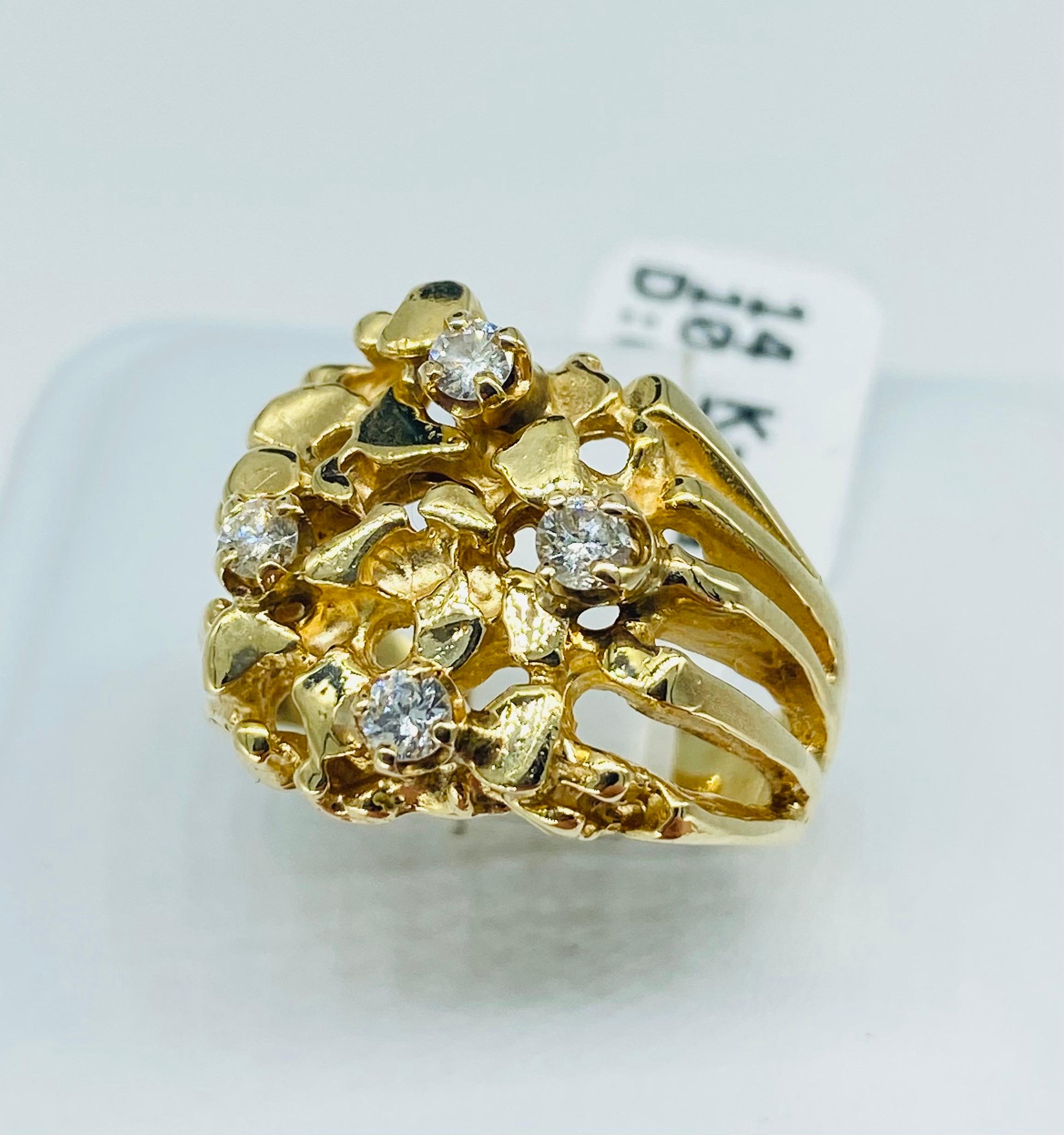 14 Karat Gold Herren-Ring mit Diamanten im Nugget-Stil (Rundschliff)