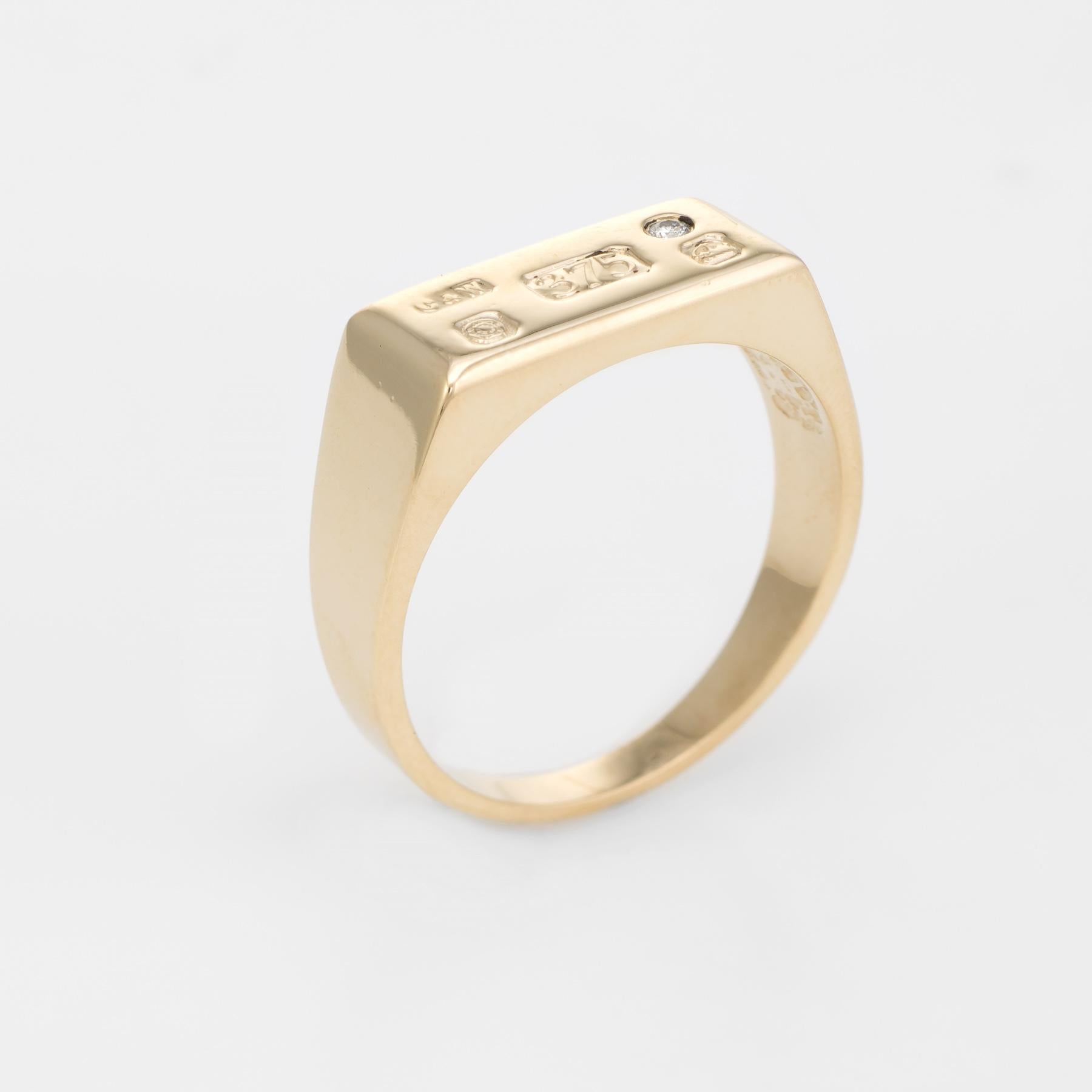 A unique men's ring featuring English assay marks, crafted in 9 karat gold.  

Round brilliant cut diamond is estimated at 0.03 carats (estimated at H-I color and SI2 clarity).   

English assay marks identify the gold content, where the ring was