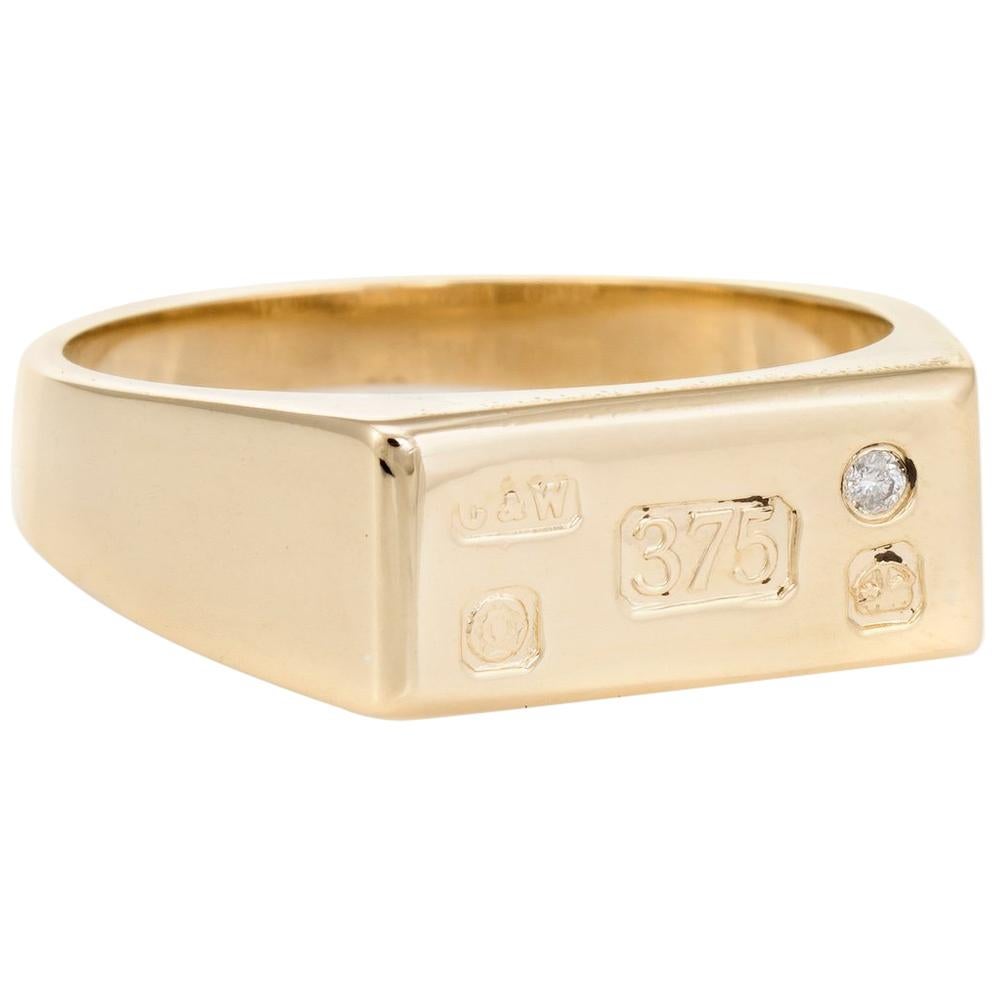 Vintage Mens English Assay Ring 9k Gold Signet Ingot Diamond 12 Estate Jewelry