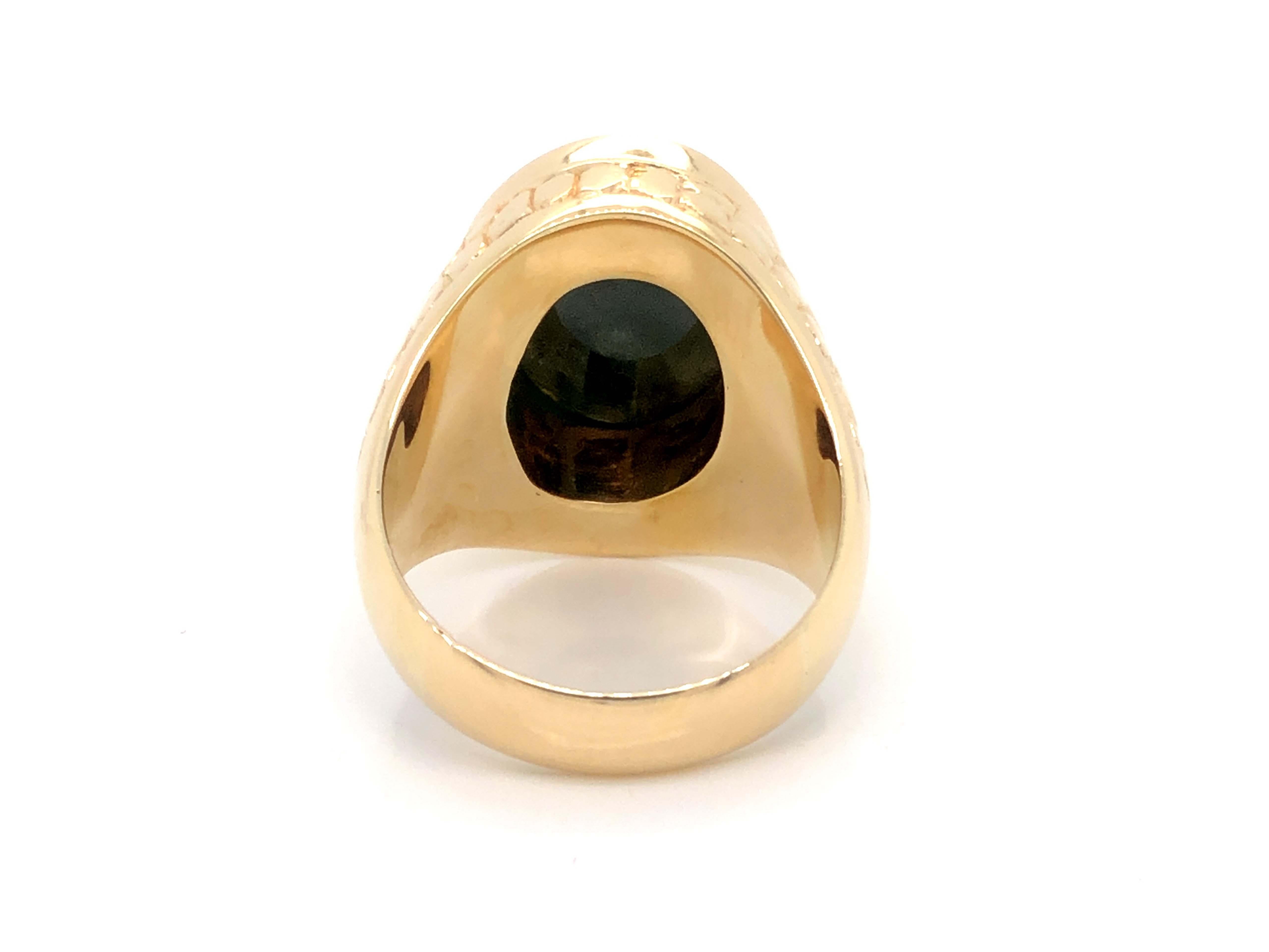 Oval Cut Vintage Men's Large Black Jade Ring with Reptile Design in 14k Yellow Gold