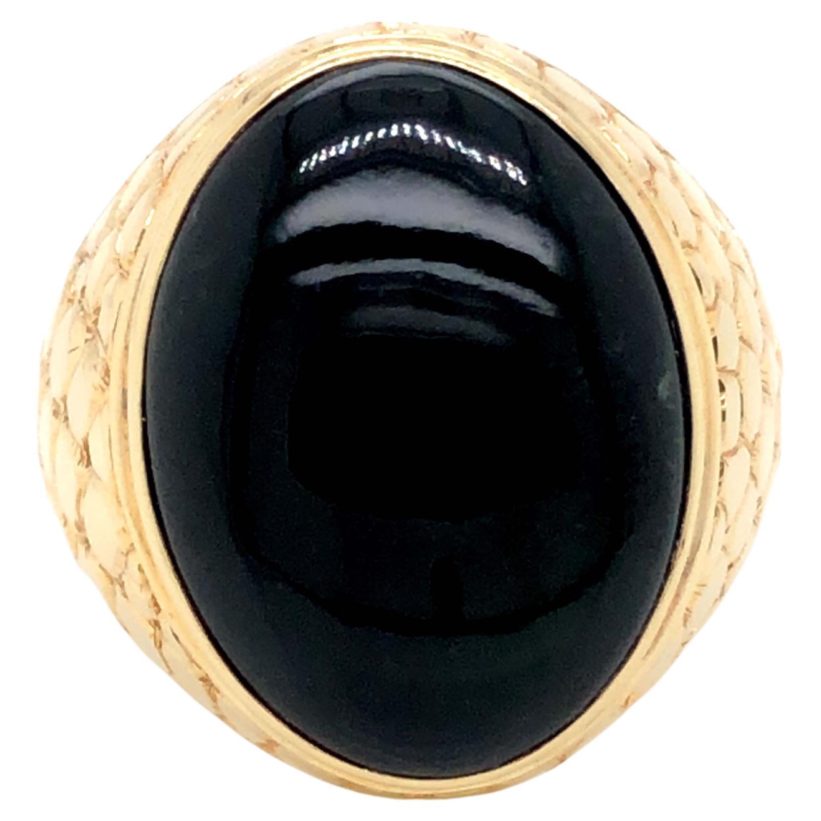 Vintage Men's Large Black Jade Ring with Reptile Design in 14k Yellow Gold