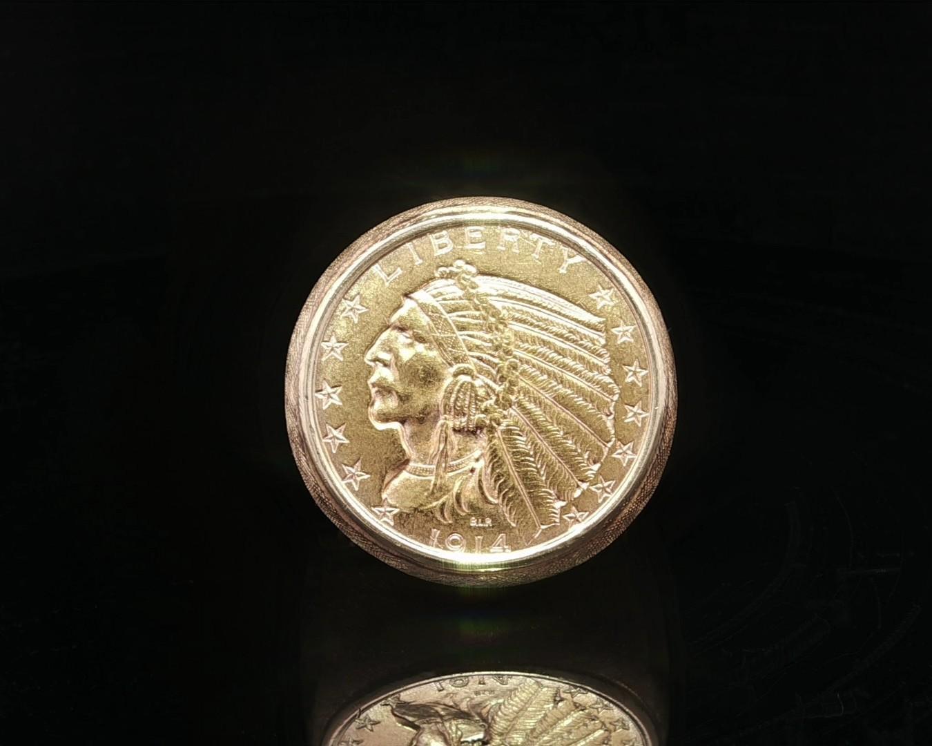 Anello da uomo grande e pesante in oro giallo del 1914 con moneta da 5 dollari e testa indiana in vendita 9