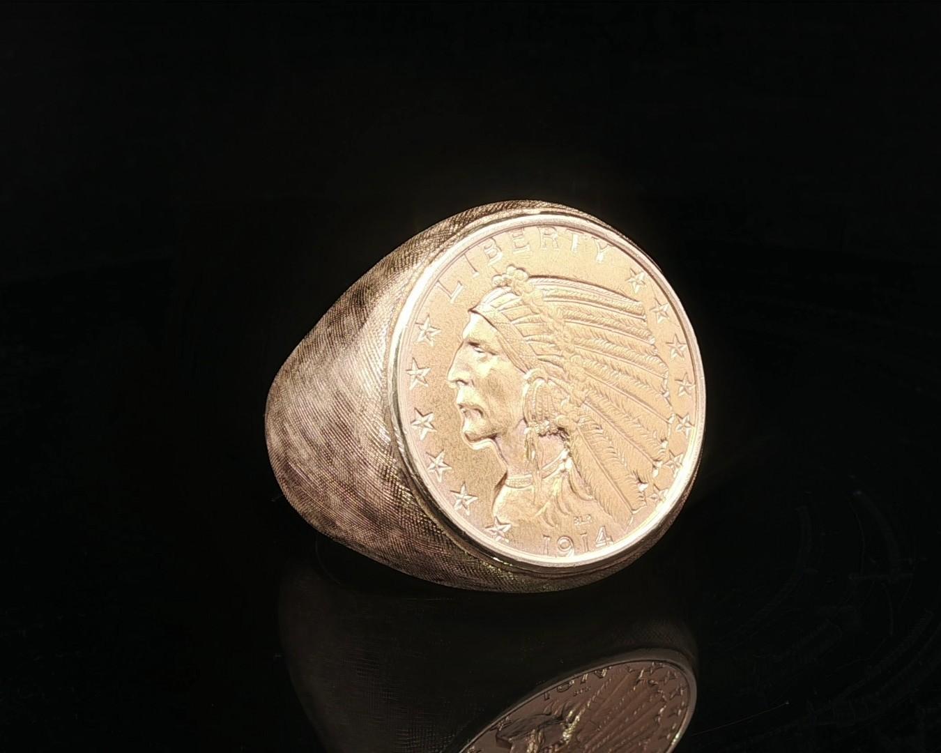 Anello da uomo grande e pesante in oro giallo del 1914 con moneta da 5 dollari e testa indiana in vendita 10