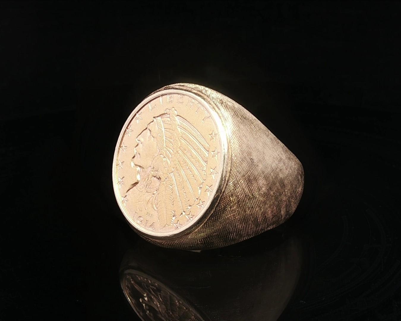 Anello da uomo grande e pesante in oro giallo del 1914 con moneta da 5 dollari e testa indiana in vendita 11