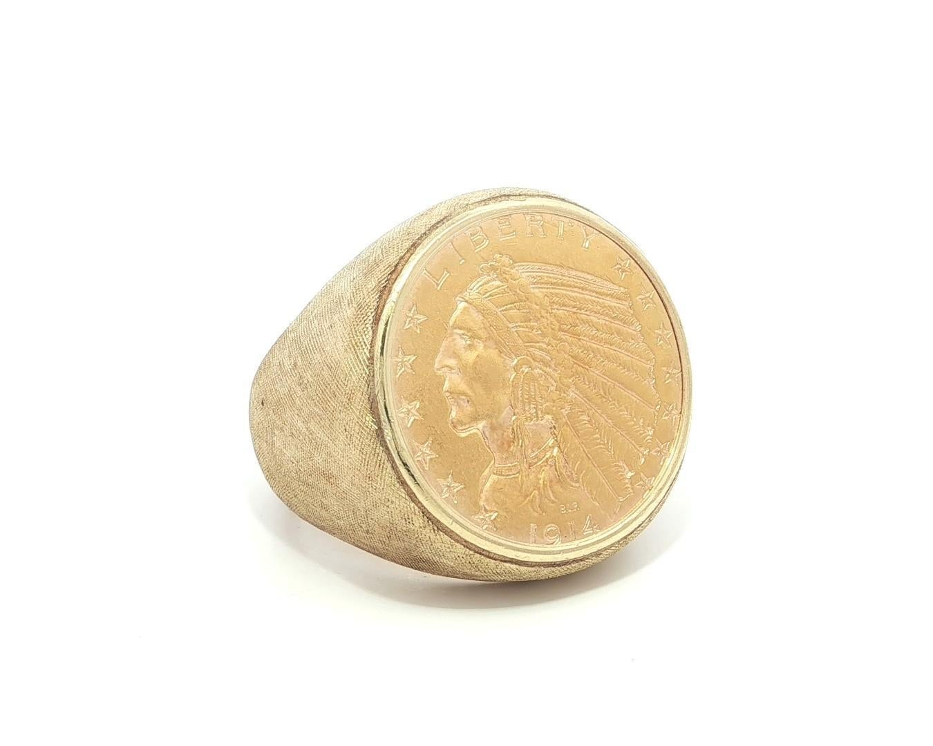 Anello da uomo grande e pesante in oro giallo del 1914 con moneta da 5 dollari e testa indiana in vendita 3