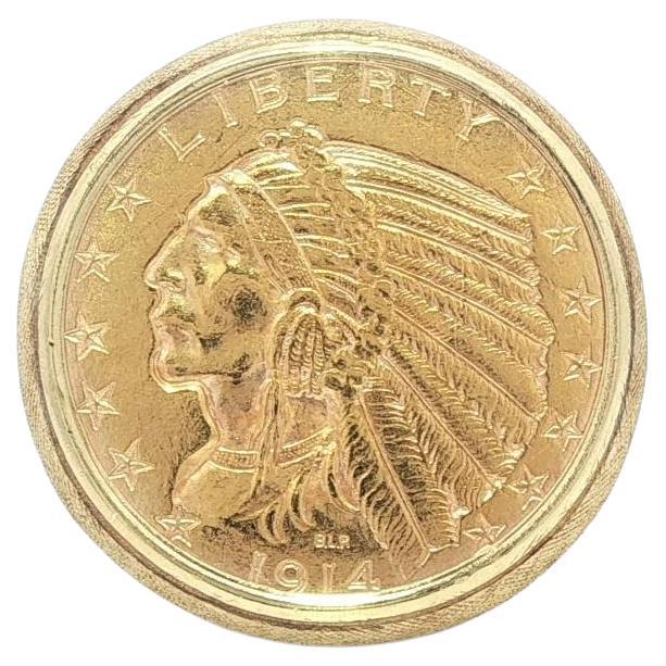 Anello da uomo grande e pesante in oro giallo del 1914 con moneta da 5 dollari e testa indiana