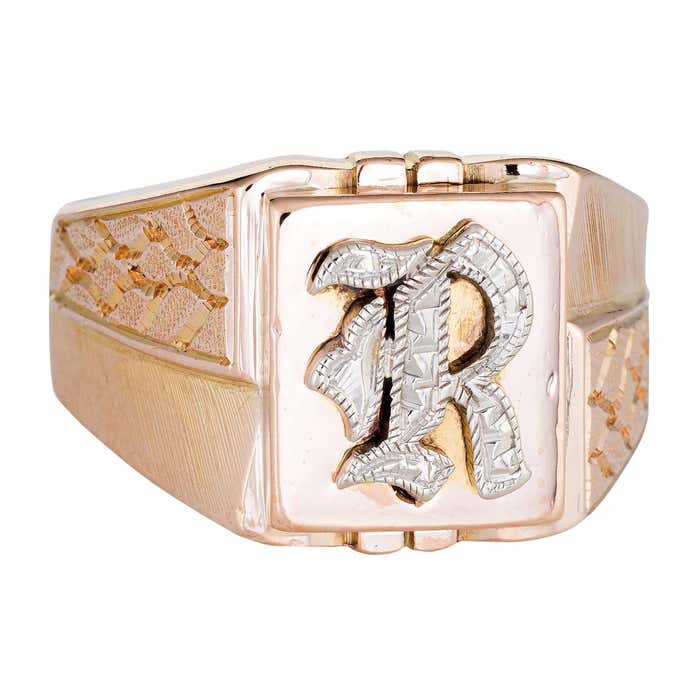 Vintage Mens Letter R Signet Ring 10 Karat Rose Gold Estate Fine ...