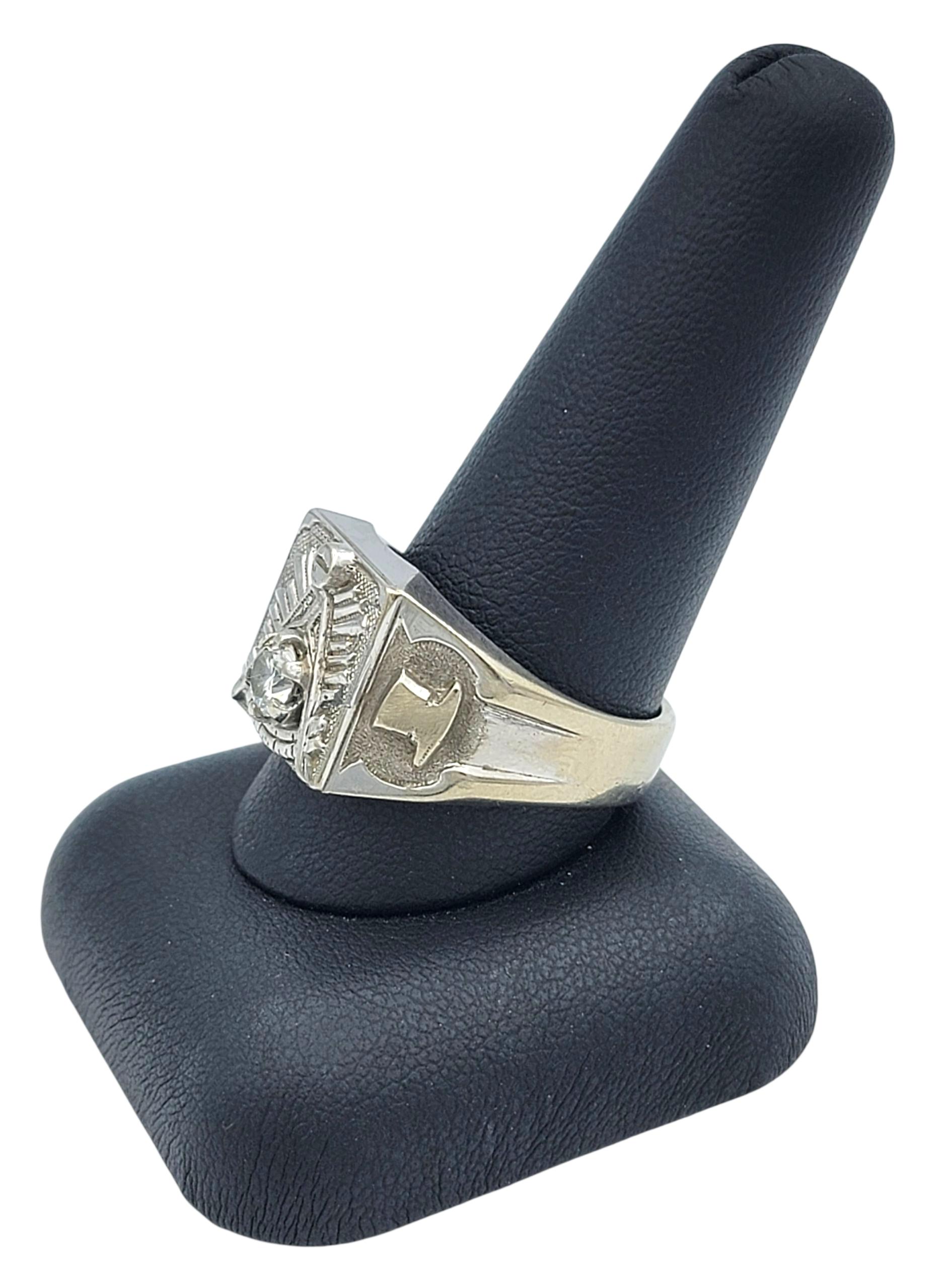 Vintage Homme bague maçonnique diamant rond en or blanc 10 carats en vente 5