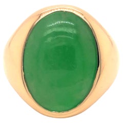 Vintage Men's Oval Cabochon Green Jade Ring, 10k Yellow Gold