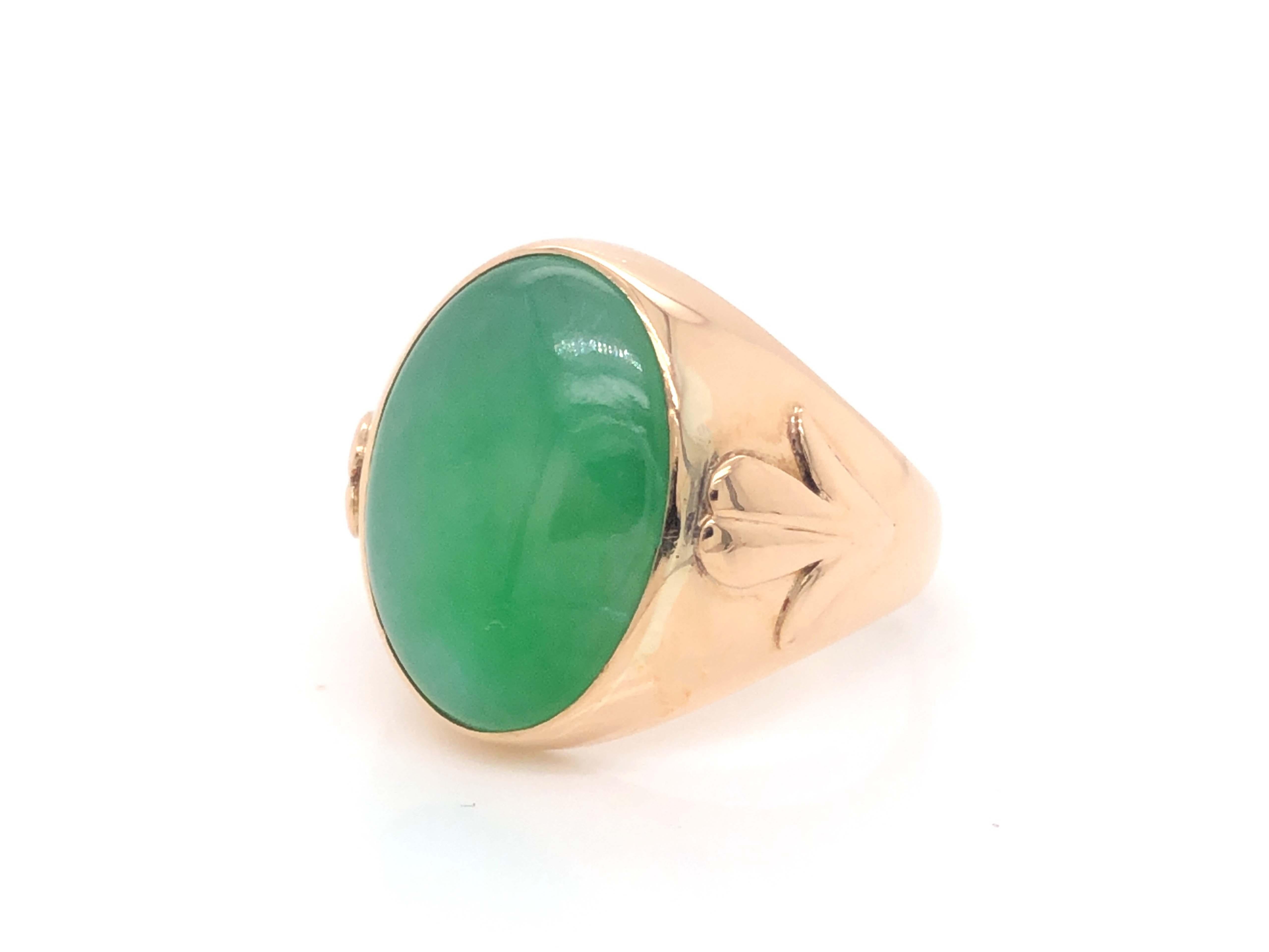 Modern Vintage Men's Oval Cabochon Large Green Jade Ring 14k Yellow Gold