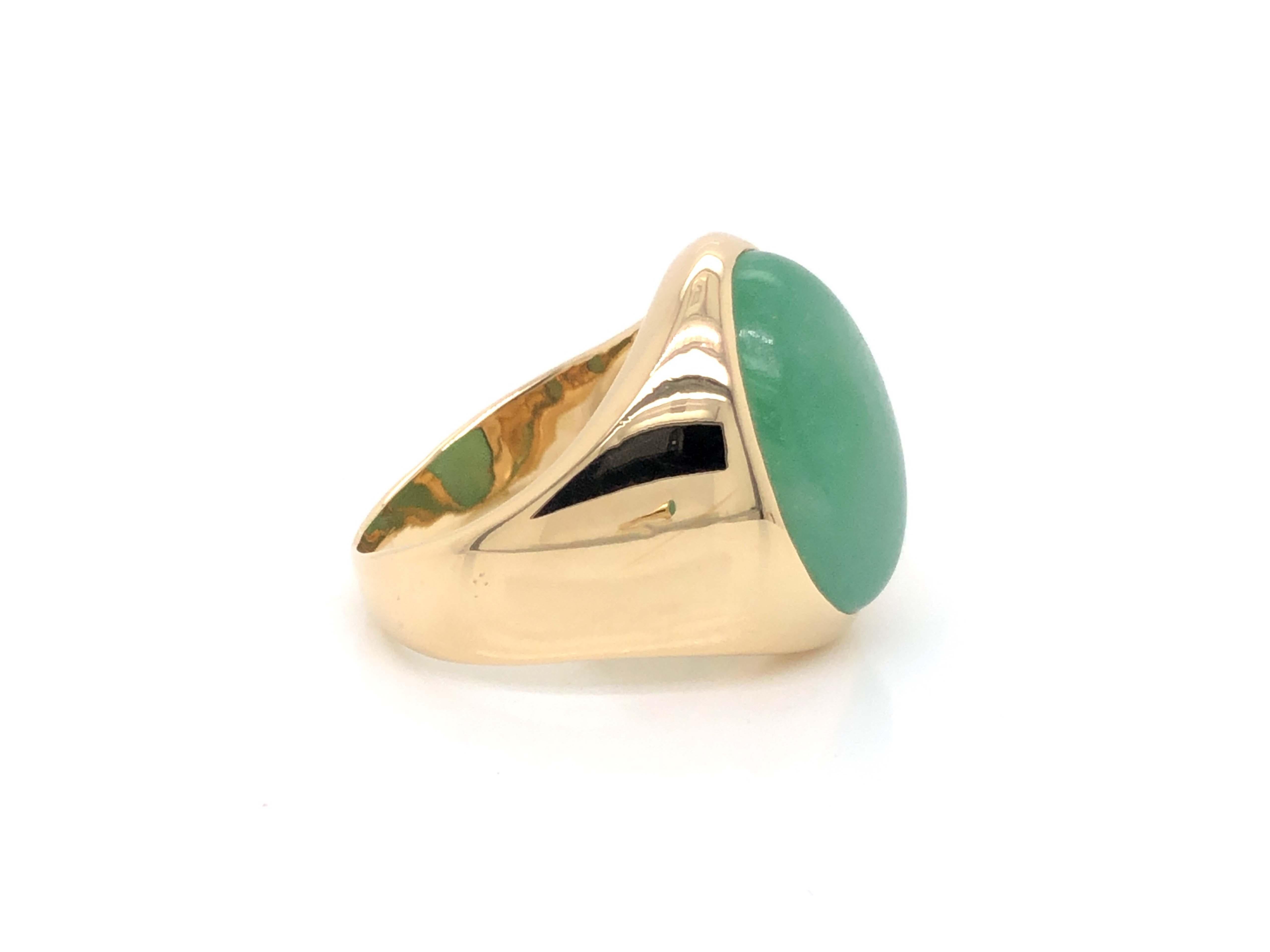 Modern Vintage Men's Oval Cabochon Large Green Jade Ring - 14k Yellow Gold