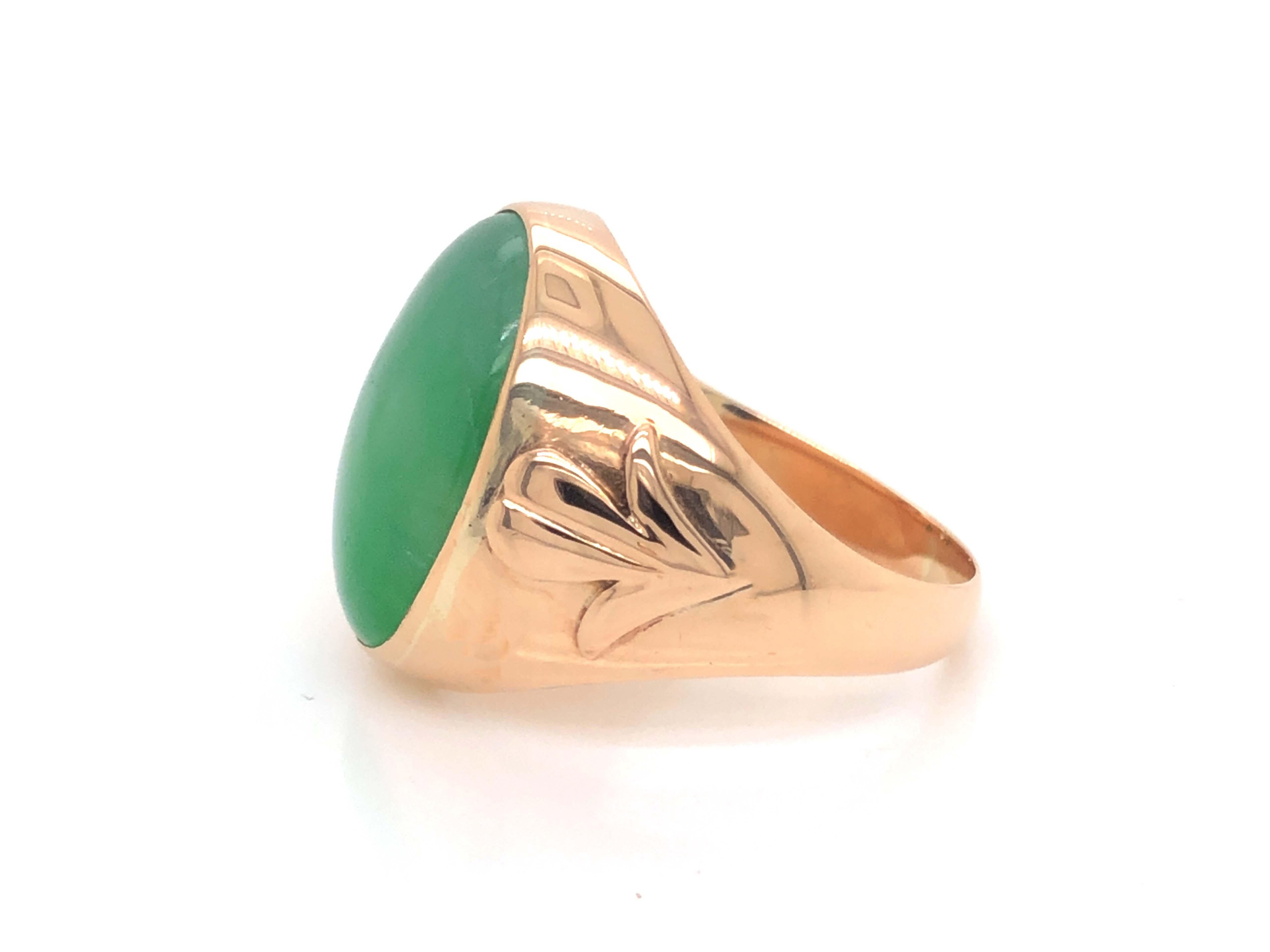 Oval Cut Vintage Men's Oval Cabochon Large Green Jade Ring 14k Yellow Gold