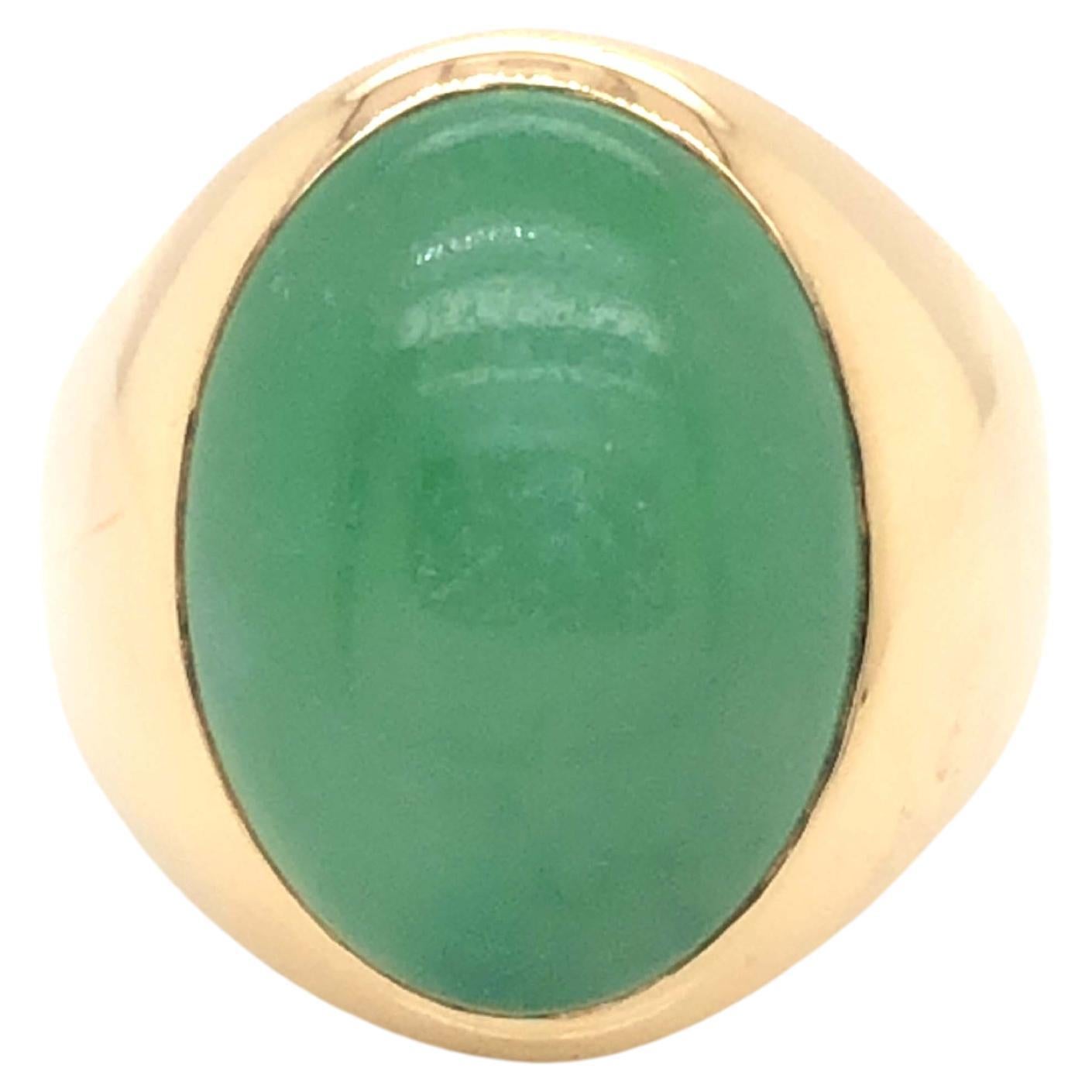Vintage Men's Oval Cabochon Large Green Jade Ring - 14k Yellow Gold