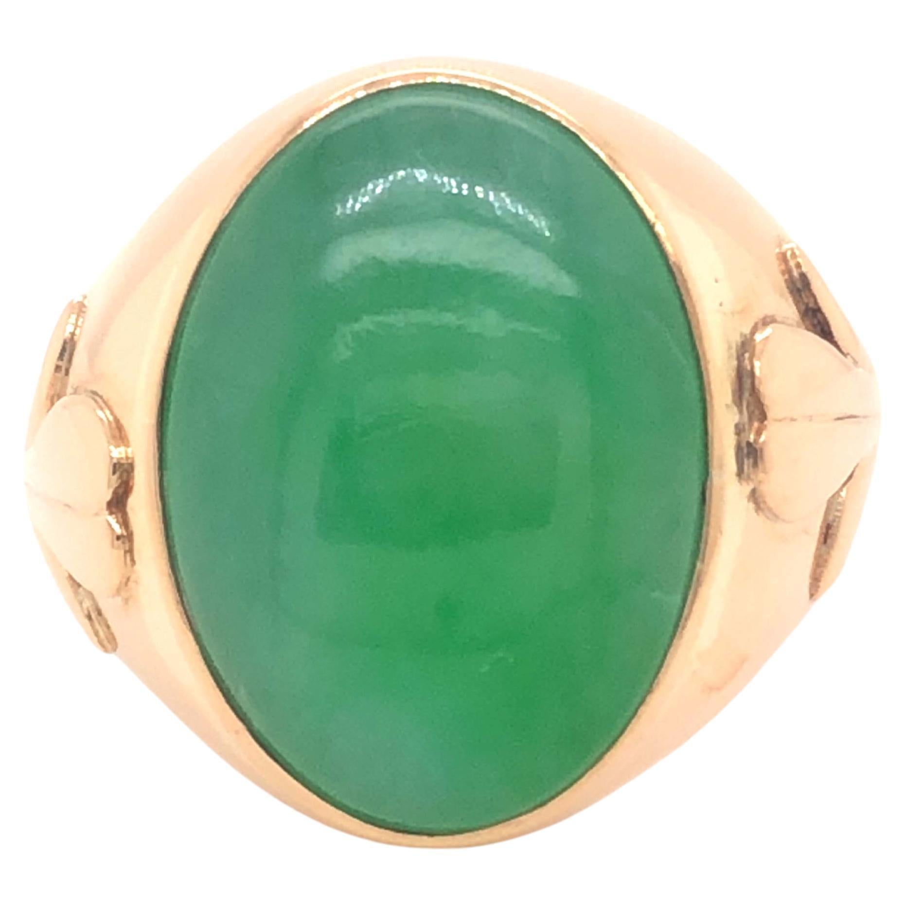 Vintage Men's Oval Cabochon Large Green Jade Ring 14k Yellow Gold