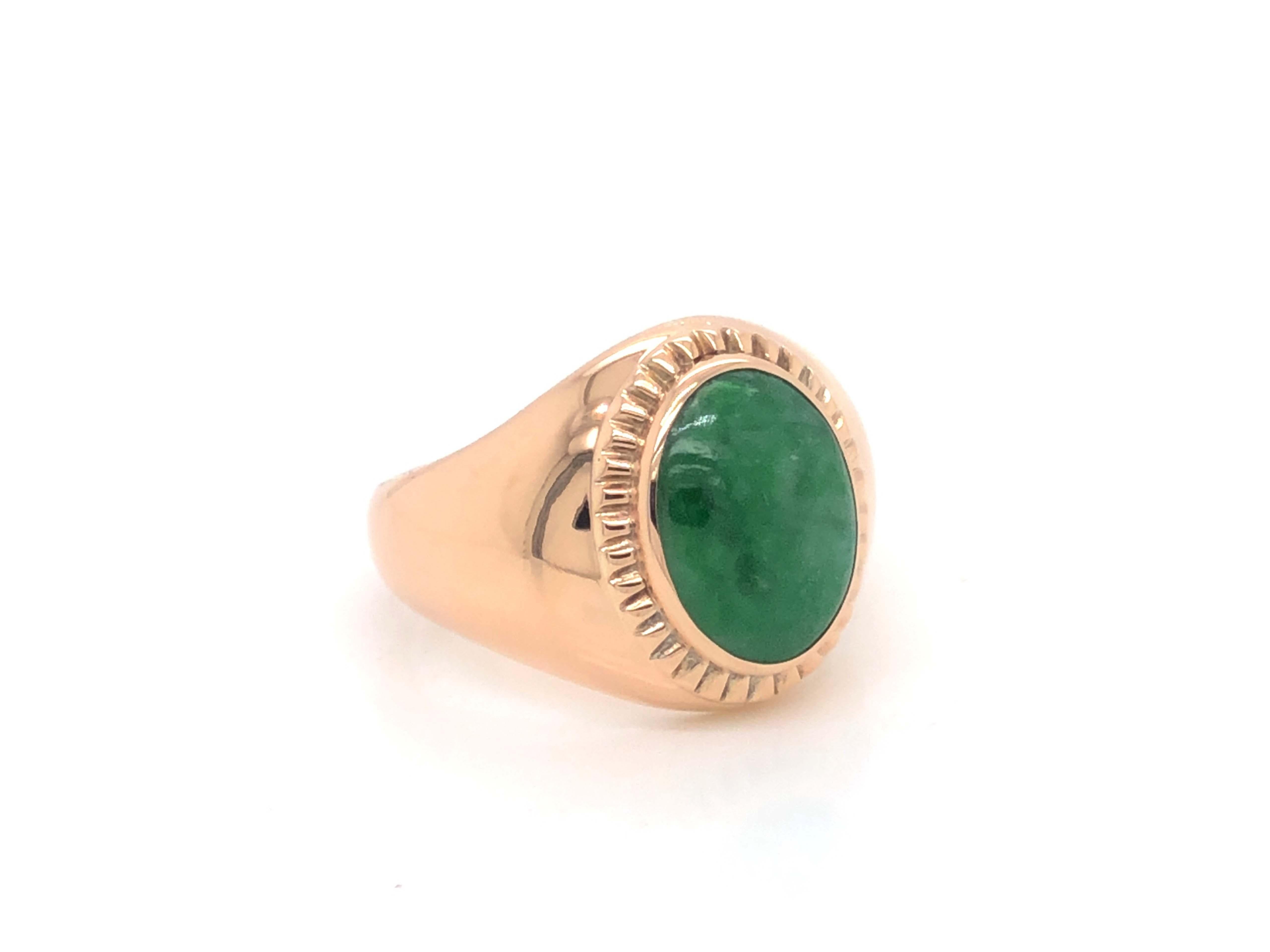 Modern Vintage Men's Oval Cabochon Vivid Mottled Green Jade Ring - 14k Rose Gold