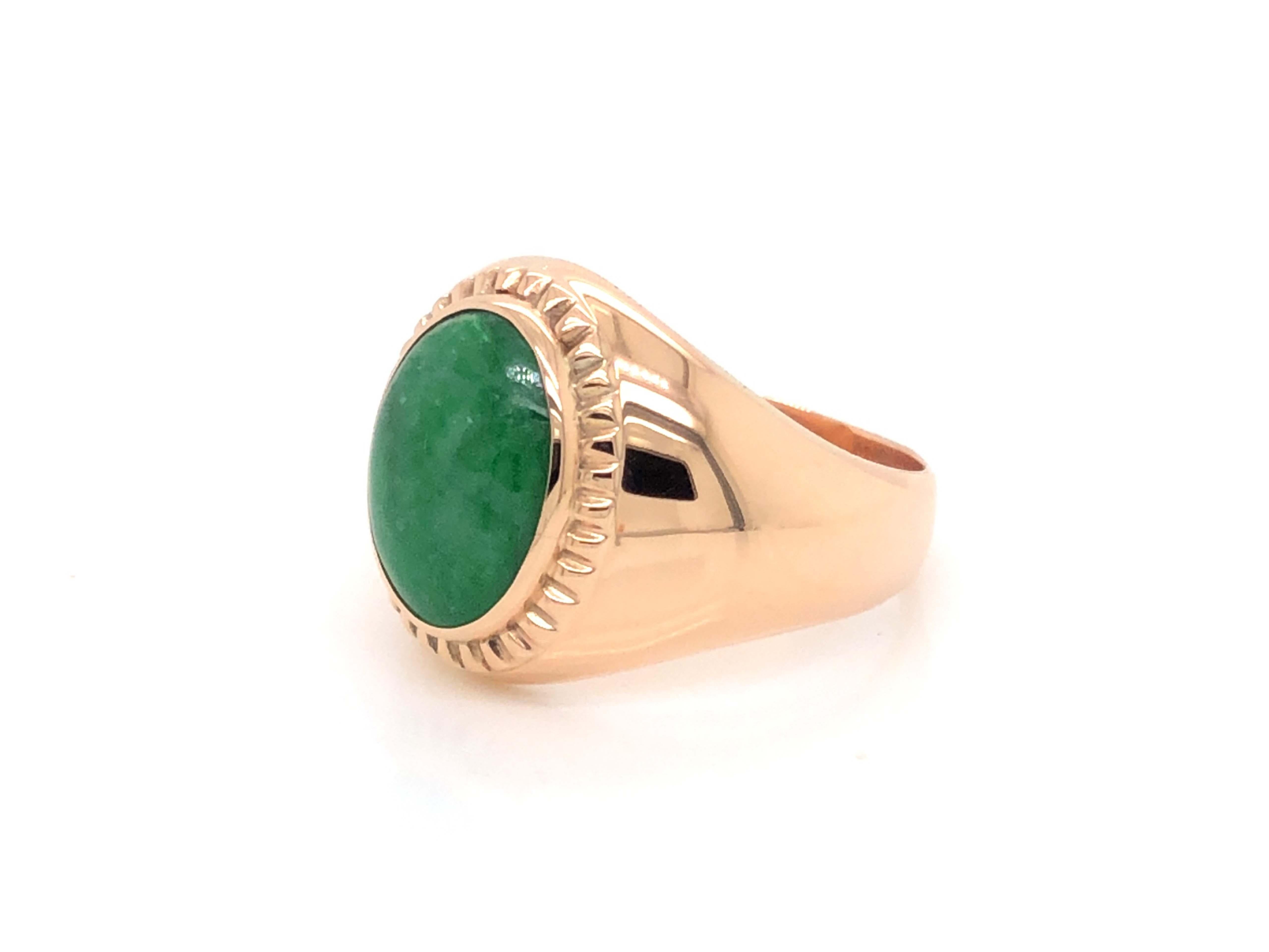 Oval Cut Vintage Men's Oval Cabochon Vivid Mottled Green Jade Ring - 14k Rose Gold