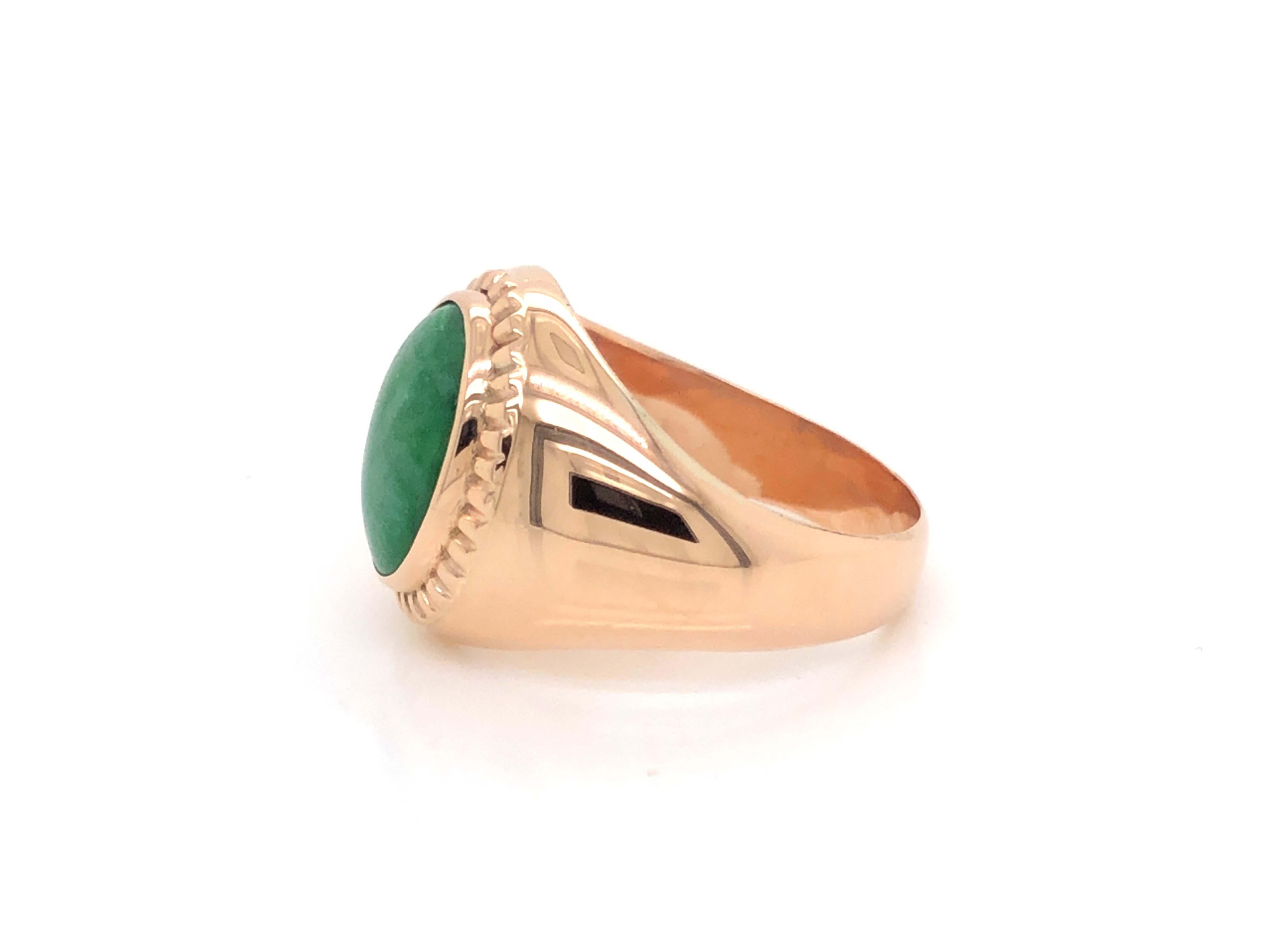 Women's Vintage Men's Oval Cabochon Vivid Mottled Green Jade Ring - 14k Rose Gold
