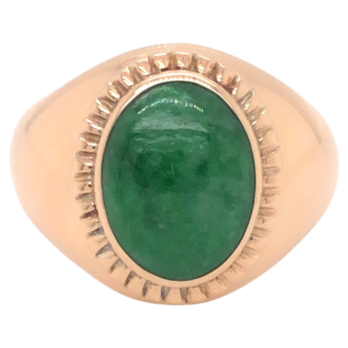 Vintage Men's Oval Cabochon Vivid Mottled Green Jade Ring - 14k Rose Gold
